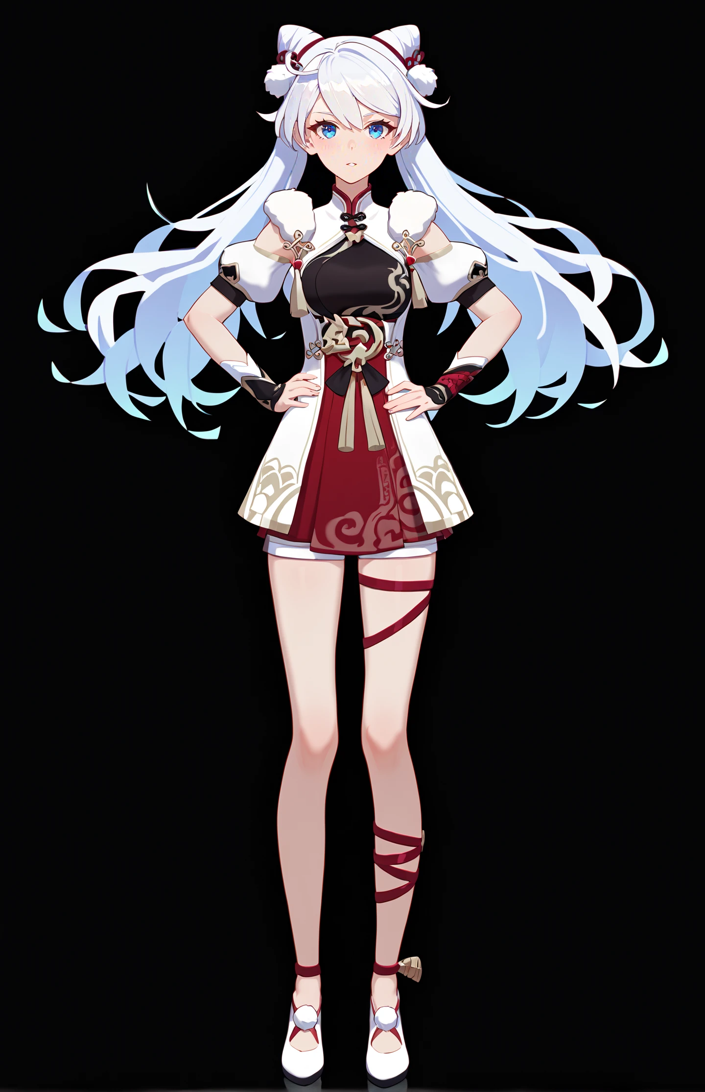 score_9, score_8_up, score_7_up, score_6_up, 8k, best quality, masterpiece, (ultra-detailed:1.1), (high detailed skin),
(full body), (black background:1.1), standing, looking at viewer, (solo), hand on hip,
<lora:kiana-young-pony-Tanger-000010:0.8>, kiana kaslana, xuetu, 10th clothes, 1girl, blue eyes, white hair, bangs, long hair, double bun, chinese clothes,
(beautiful_face), ((intricate_detail)), clear face,
((finely_detailed)), fine_fabric_emphasis,
((glossy)), full_shot,