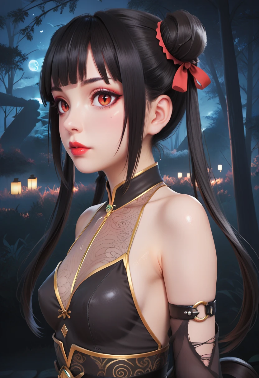 score_9, score_8_up, score_7_up, score_6_up, score_5_up, 1girl, black hair, double bun, hair bun, twintails, long hair, ((blunt bangs)), mole under eye , [hair ribbon], sidelocks, red eyes, slit pupils, makeup, smooth lipstick, red lips, bare shoulders, black thighhighs, torn thighhighs, thigh strap, platform footwear, china dress, chinese clothes, sleeveless dress, black clothes, transparent clothing, design on attire, elbow gloves, black gloves, detached sleeves, black sleeves, choker, jewelry, gold trim, pelvic curtain, small breasts, claws, long fingernails, outdoors, night, tree, forest, lantern, close up, cowboy shot, portrait, upper body, side view, from the side, masterpiece, 32K HD, detailed eyes, shiny skin, showing lots of skin, steamy air, wide lens, perfect eyes, realistic, photorealistic, textured skin, huge anime eyes, realism, fcNeg, fcHeatPortrait <lora:Spider_Ghost_Xaio_Zhu_-_Soul_Dossier:0.4> <lora:huge_anime_eyes:5>