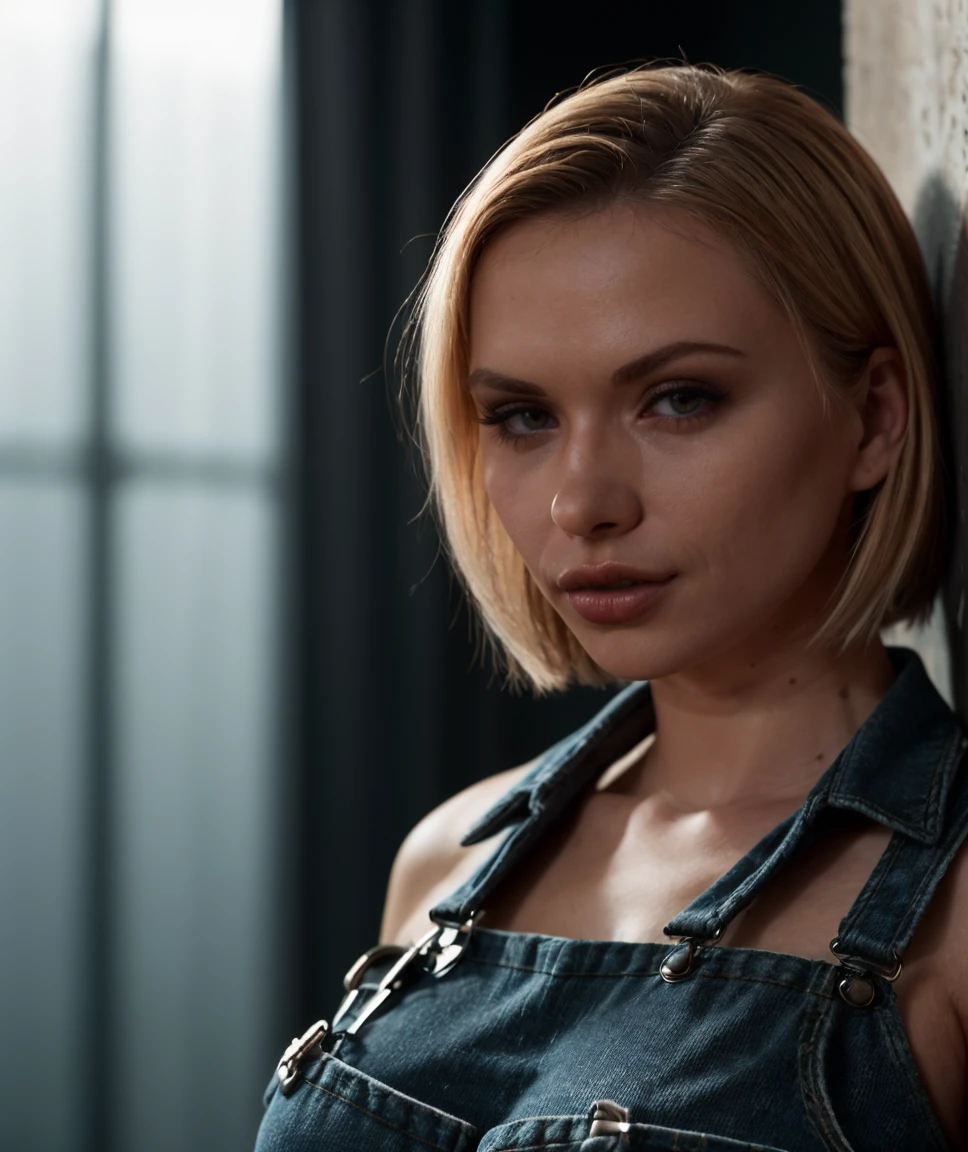 cinematic photo  , award winning photo,   <lora:quiron_KatjaKassin_v4330_Lora:0.87> katjaKassinQuiron, solo, realistic, lips, looking at viewer, overalls, blond shirt , arm support, , ,  , scenery,  impossible clothes, action scene, highly detailed background, keyvisual,  Dappled Light,  sidelighting, best shadow, RAW, (Dutch angle),  ,  (sultry flirty look),    elegant, highly detailed, intricate, sharp focus, depth of field, f/1. 8, 85mm, medium shot, mid shot, (centered image composition), (professionally color graded), (bright soft diffused light), volumetric fog, trending on instagram, trending on tumblr, hdr 4k,  . 35mm photograph, film, bokeh, professional, 4k, highly detailed