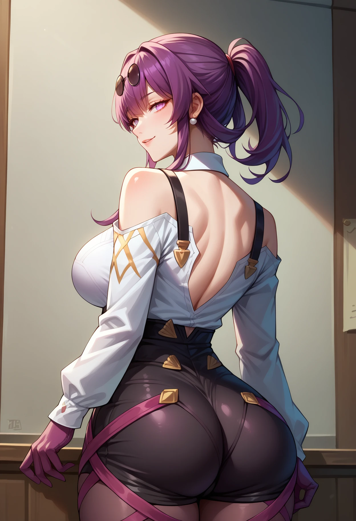 score_9,score_8_up,score_7_up,detailed,1girl,iwouldkafka,from behind,ass,purple hair,long hair,short ponytail,empty eyes,no pupils,large breasts,sunglasses,eyewear on head,pearl earrings,collared shirt,white shirt,shoulder cutout,chest harness,purple gloves,high-waist shorts,black shorts,criss-cross straps,purple pantyhose,looking back,smug,<lora:Kafka-JeloXL-000009:1>,