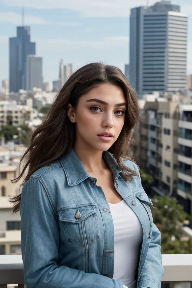 portrait of S446_ClaraWilsey,a gorgeous woman,on a (balcony:1.1),wearing a (jacket),(shirt),(cityscape),(4k, RAW photo, best quality, 50mm, depth of field, ultra high res:1.1),(intricate, photorealistic, cinematic-shot, masterpiece, ultra-detailed:1.1),