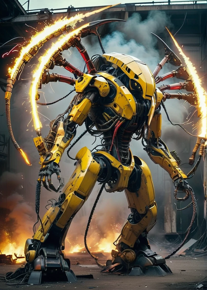 <lora:Electric Alien - Trigger is ElectAlien Artstyle:1.1>  electalien artstyle destroying an old schoolbus in a junkyard with his electric whipping arm extensions. Photorealistic. Explosion artstyle, Film scene. Red appendages, hot molten arms impaling a decrepit yellow schoolbus. Crushe.d.  <lora:Blow It Up - (Trigger words are Explosion Artstyle) :.7>