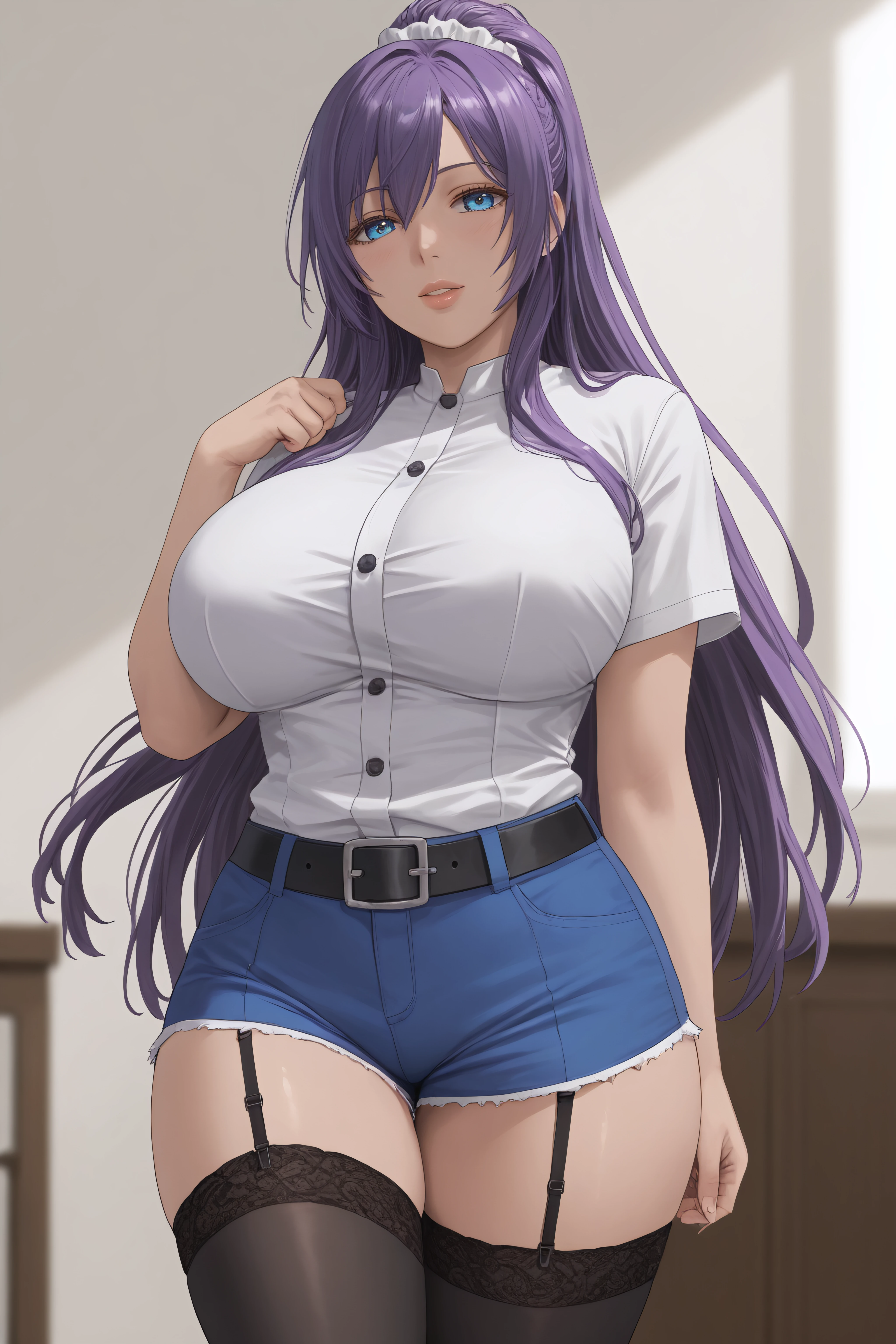 score_9, score_8_up, score_7_up, BREAK source_anime, <lora:rei suzukawa-PonyXL-lora-Faxtron:0.8> rei suzukawa, blue eyes, purple hair, long hair, white scrunchie, large breasts, white shirt, blue shorts, belt, black thighhighs, garter straps,