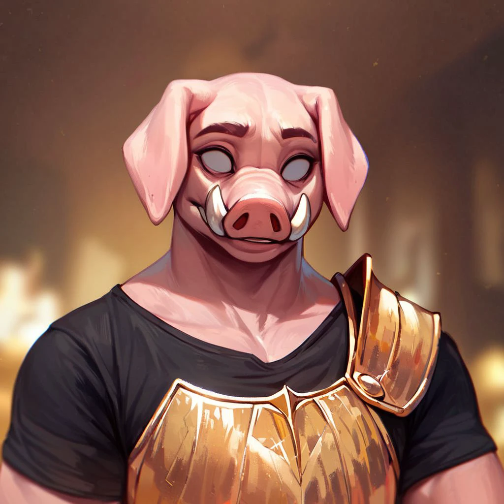 (((beautiful, high quality))), upper Body, score_9, score_8_up, score_7_up, 
Pidgin, furry pig, fangs, empty eyes, 1boy, male focus, muscular, black T-shirt, gold armor,
looking at the viewer, posing, blurred background,