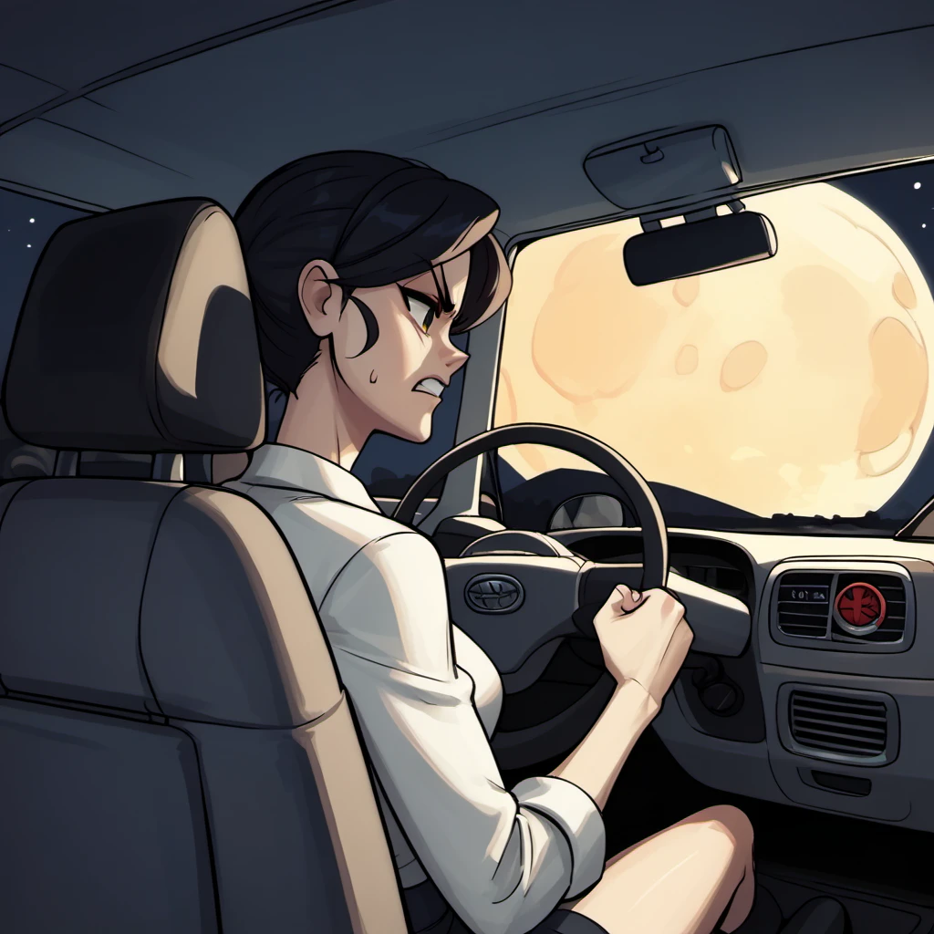 a woman driving a car at the steering wheel at night, moon, 4K, clenching fist, 
 <lora:Lab-Zero-game_Lora(PonyXL)captions2-000010:1>, anime artwork in lzg style, score_9, score_8_up, score_7_up, score_6_up, score_5_up, score_4_up