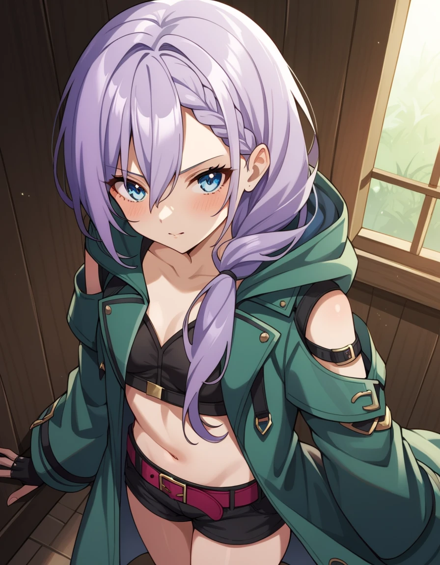 score_9, score_8_up, score_7_up, source_anime, uncensored, <lora:StS_detail_slider_v1:3>, zPDXLxxx, <lora:Luna_PONYXL_VexVexX:1>, Luna, blue eyes, purple hair, long hair, braid, hair over shoulder, hair between eyes, bangs, small breasts, coat, green coat, hooded coat, shoulder cutout, long sleeves, shorts, short shorts, black shorts, midriff, belt, fingerless gloves, black gloves, cowboy shot, bedroom, from above, Squat with a stability ball between the lower back and a wall, thighs, looking at viewer