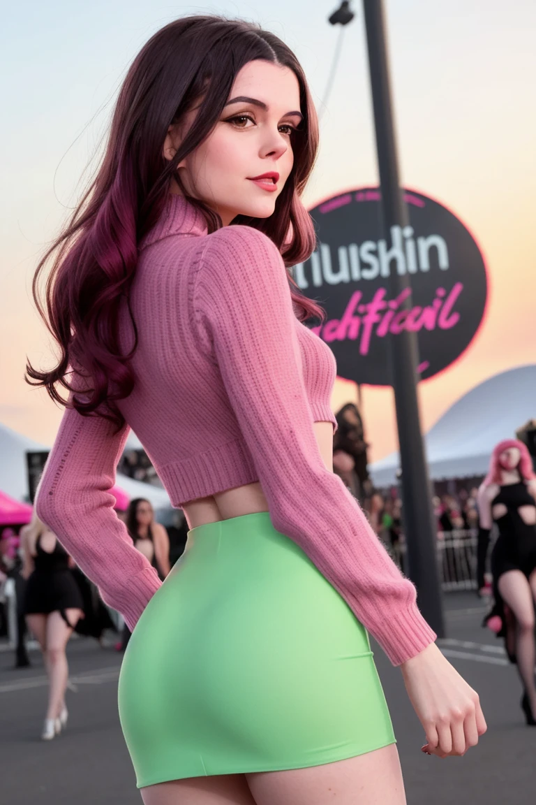 tabootie:0.99, , ((red lipstick, blush, pale skin)), , photo of a woman, ,beautiful picture, fully clothed, turtleneck sweater, skirt, thighhighs, outside, carnival, festival, sunset, detailed, ,walking