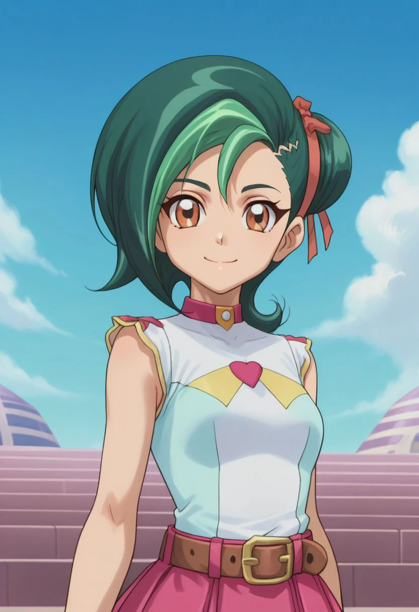 score_9, score_8_up, score_7_up, source_anime, highly detailed, 
tori, 1girl, solo, green hair, skirt, smile, multicolored hair, brown eyes, belt, ribbon, hair ribbon, two-tone hair, hair bun, single hair bun, upper body
outdoor, sky,