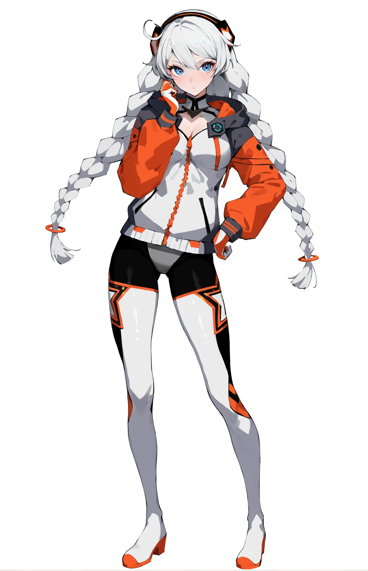 8k, best quality, masterpiece, (ultra-detailed:1.1), (high detailed skin),
(full body), white background, standing, looking at viewer, (solo), hand on hip,
<lora:kiana-young-A3-Tanger-000011:0.7>, kiana kaslana, mitu, 7th clothes, 1girl, jacket, braid, blue eyes, twin braids, long hair, white hair,
(beautiful_face), ((intricate_detail)), clear face,
((finely_detailed)), fine_fabric_emphasis,
((glossy)), full_shot,