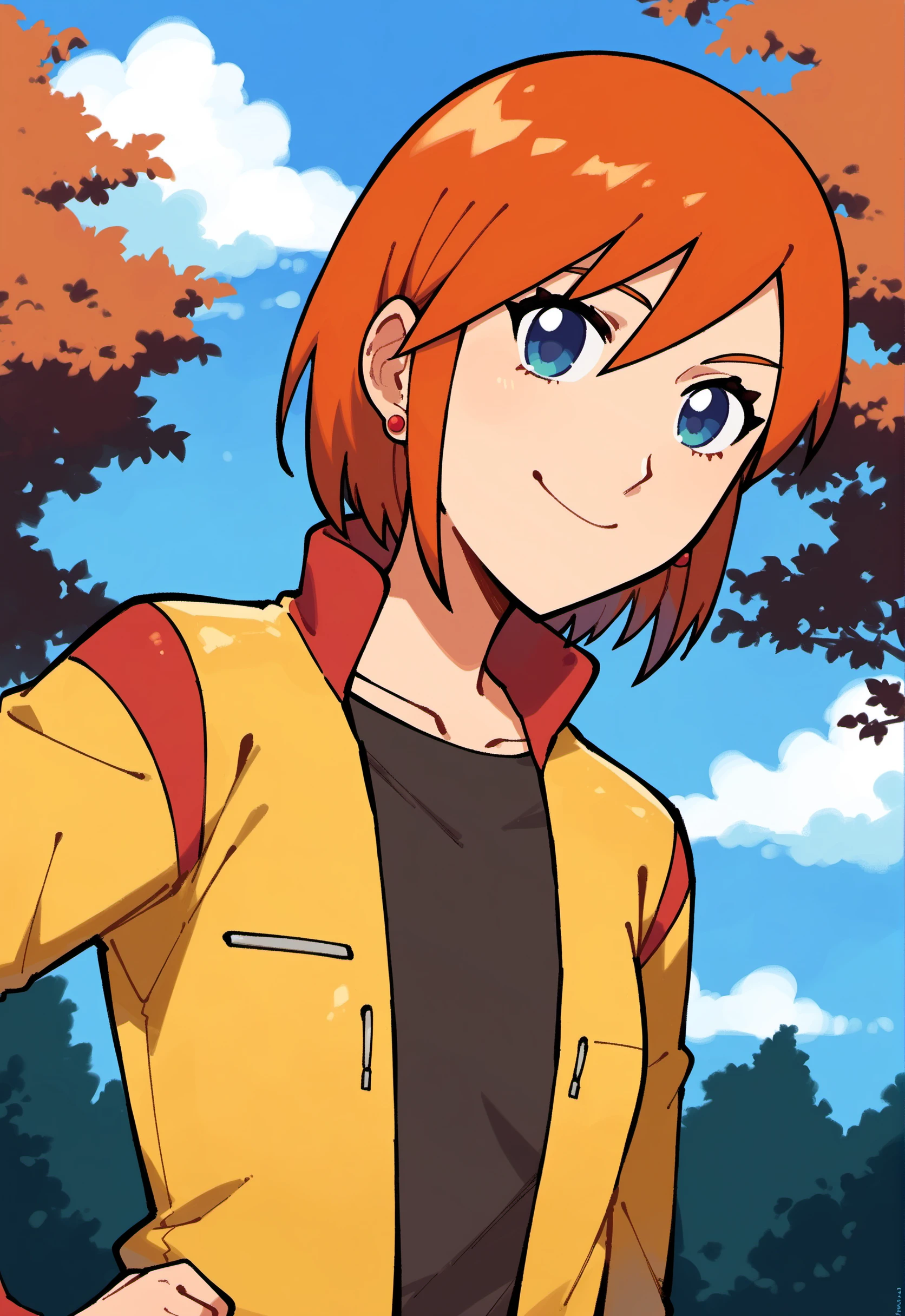 score_9, score_8_up, score_7_up, score_6_up,
BREAK
lunaMWS, 1girl, upper body, blue eyes, orange hair, short hair, swept bangs, small breast, looking at viewer, smile, closed mouth, red earring
BREAK
yellow jacket, long sleeves, closed jacket, black shirt, portrait
BREAK
outdoors, blue sky, cloud, forest, tree  <lora:Luna_PlanetSurvival:1>