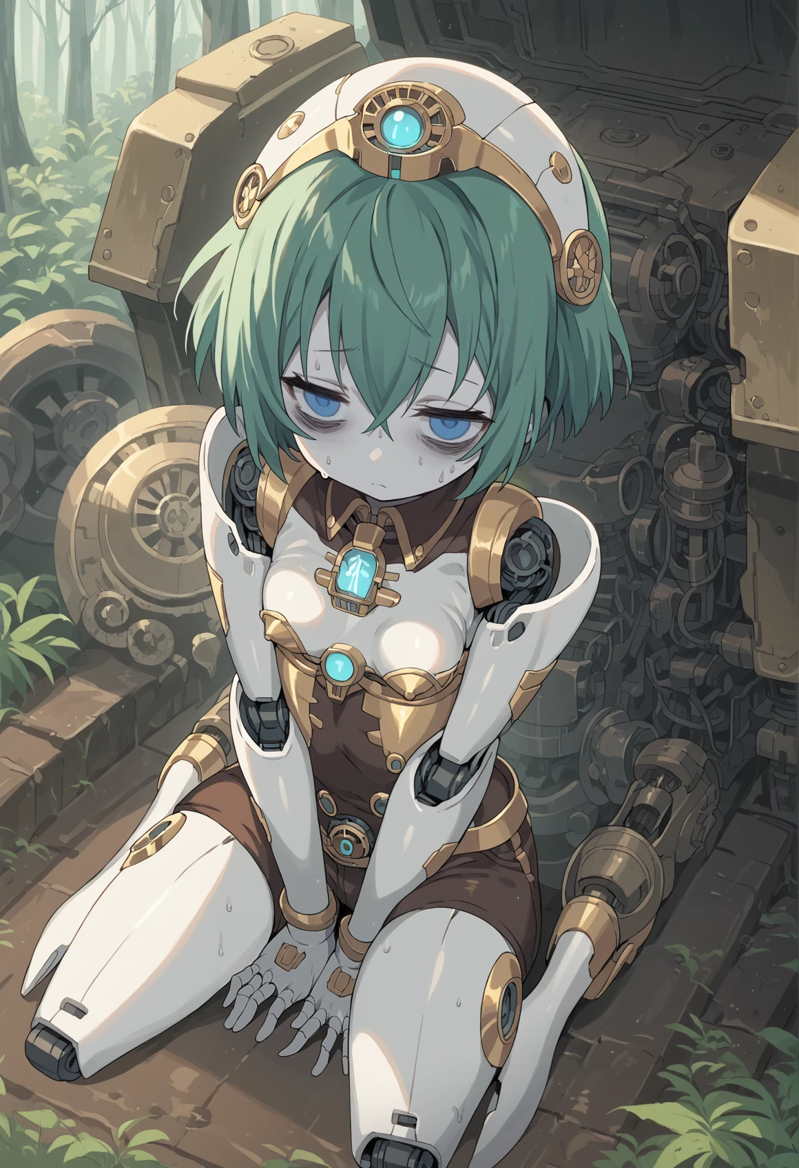 anime screencap, 1girl, short hair, green hair, blue eyes, bags under eyes, empty eyes, sweat, tired, inside a robot,  vehicle, mecha, steampunk, rust, moss, shorts, tube top, gloves, silver power armor, silver mechanical legs, removing helmet, outdoors, forest, axe, close up, from above, covered nipples <lora:Blade_Galaxist:1>, score_9, score_8_up, score_7_up, score_6_up, score_5_up, score_4_up, BREAK source_anime, masterpiece