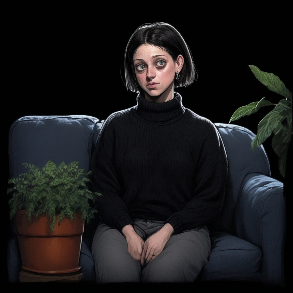 midriff, neck ribbon, potted plant, night, saliva, black background, straight-on, walking, realistic, hoop earrings, couch, sweater