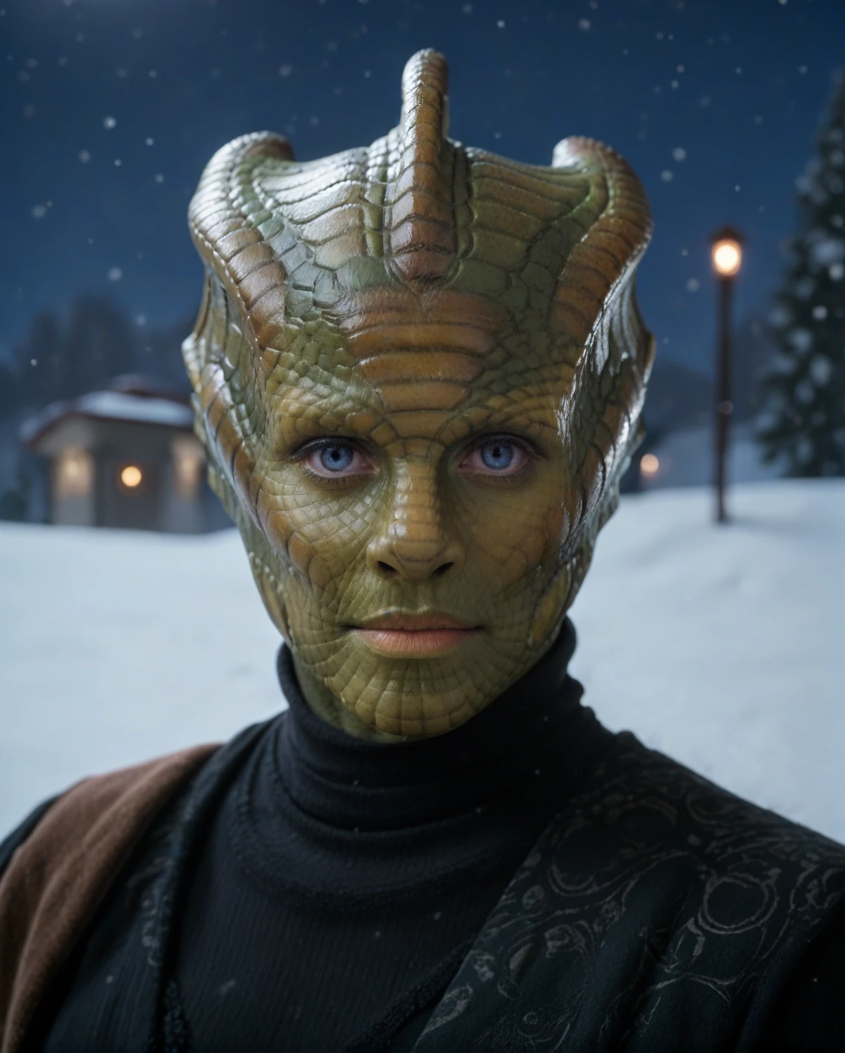 <lora:VastraJenny:0.8> vastra, black clothes, snow background, night, looking at the viewer, green skin, score_9, score_8_up, score_7_up, score_6_up, score_5_up, score_4_up