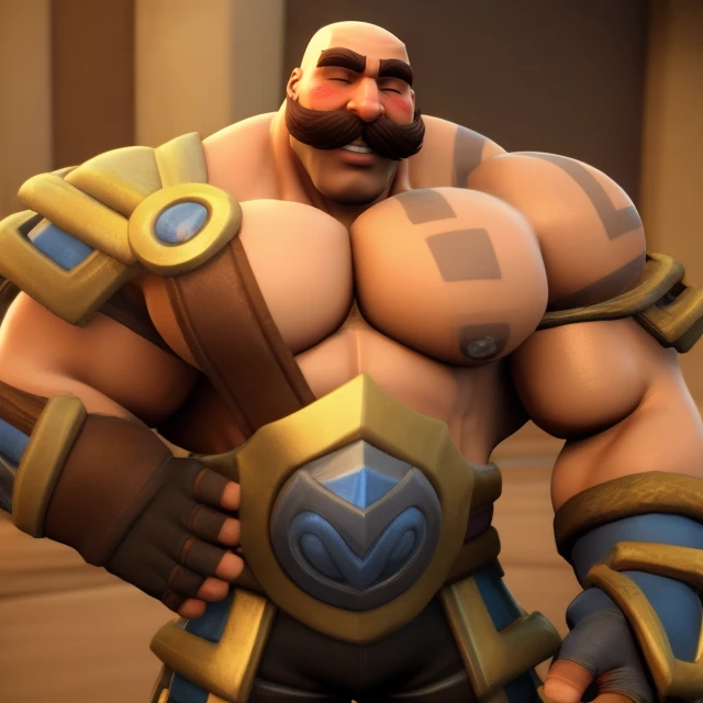 <lora:A8Braum-10:1> braum, male focus, mustache, bald, muscular male, armor, fingerless gloves, pants, solo, large pectorals, 1boy, happy, clenched teeth, grin, human, tattoo, one shoulderpad, five o'clock shadow, manly chin, blush, eyes closed,(^_^:1.1), masterpiece, 3d \(artwork\), (best quality:1.3)