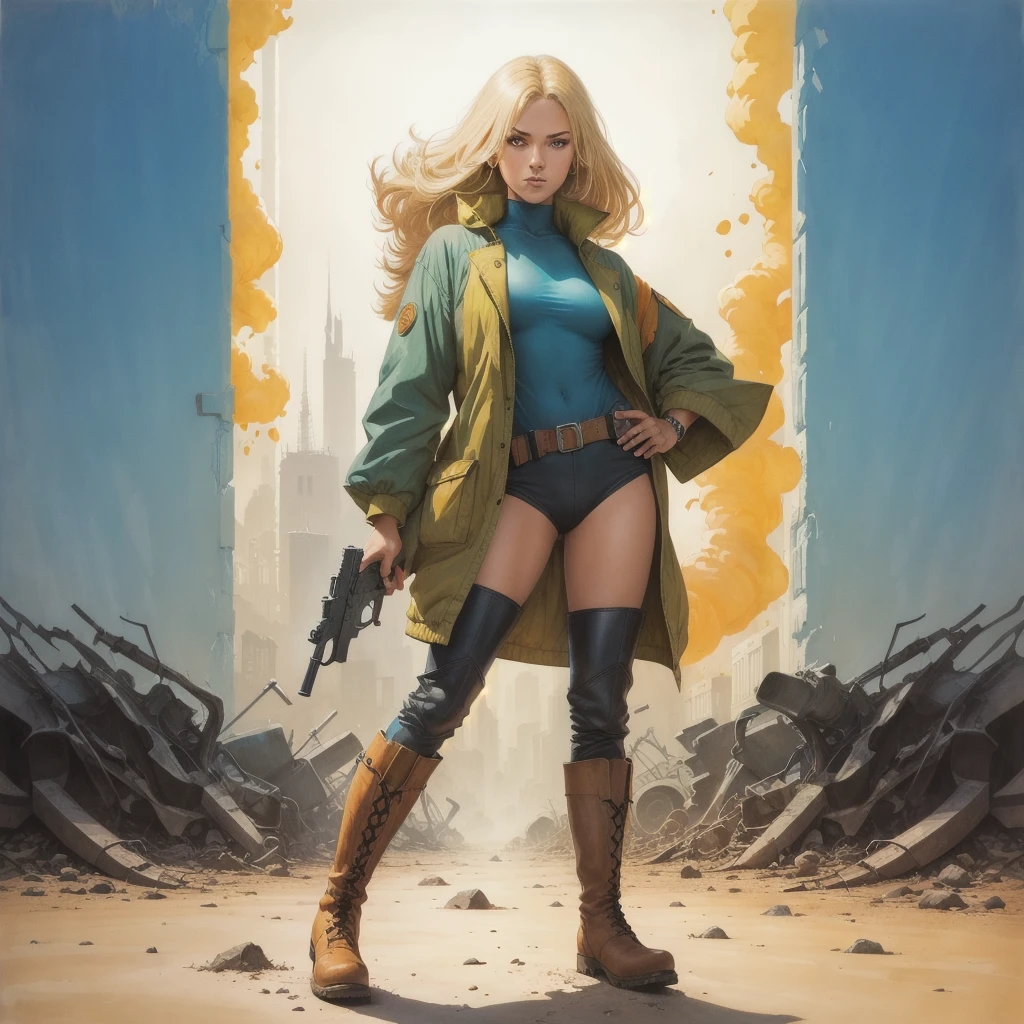 jhstyle style, 1girl, blonde hair, boots, gun, jhstyle, looking at viewer, no humans, traditional media, color illustration,  <lora:John_Higgins_style:1>