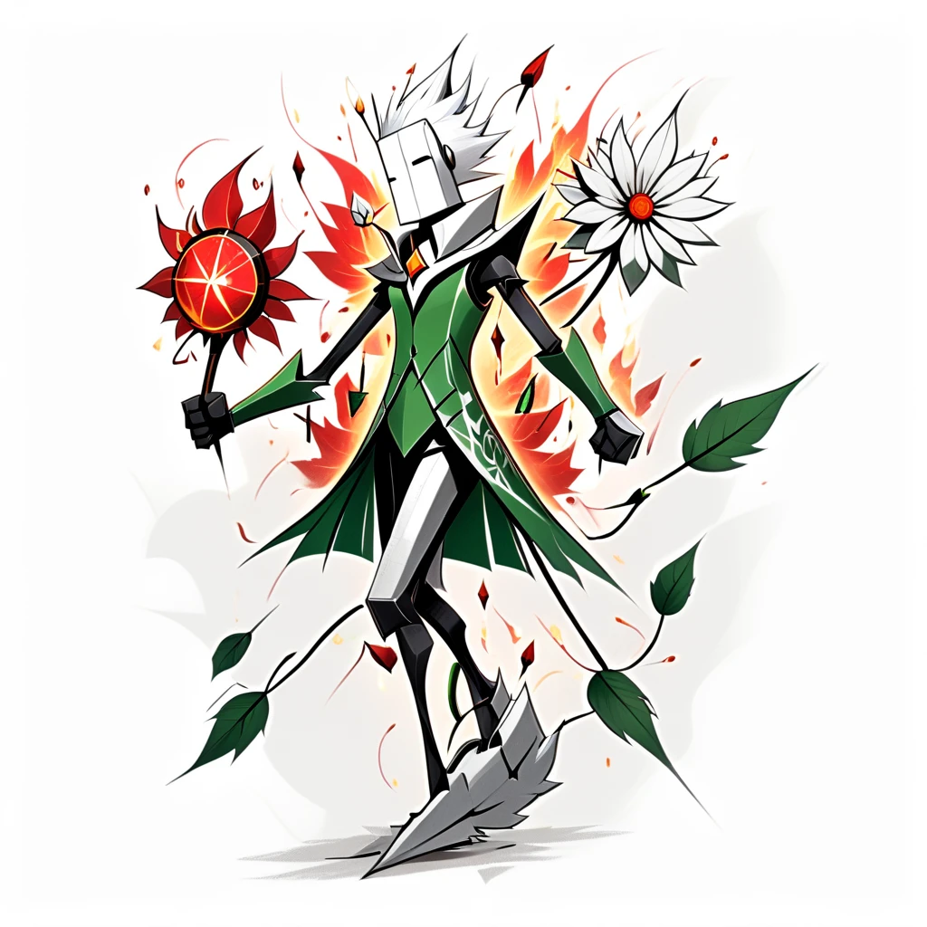 artwhmsy2, cloak, suit, humanoid robot, fire, bodysuit, facing viewer, white flower, leaf, weapon on back, white hair