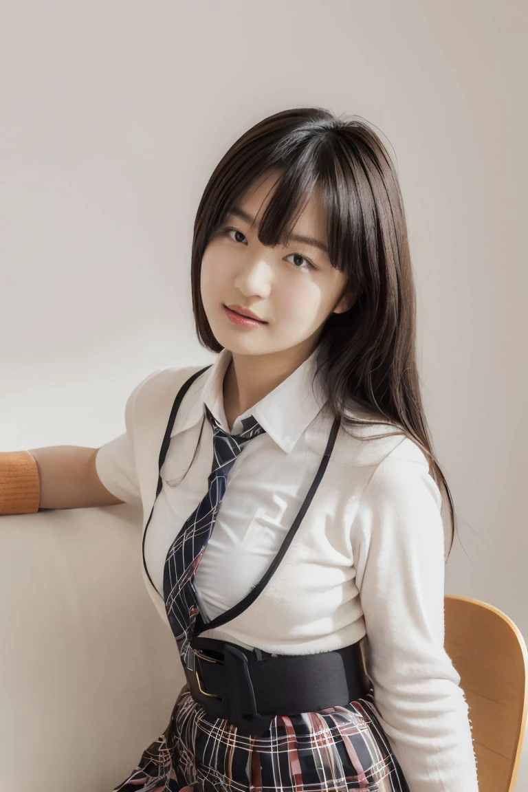 （​masterpiece、high-level image quality、top-quality）、Japan High School School Uniform、huge tit、Smile、dark grey HAIR、Clear black eyes、‎Classroom、evening、Neat and Japan clean woman with superlative good looks、Young and beautiful skin、17 age、(perfect anatomia、Beautiful limbs、Beautiful skin)、