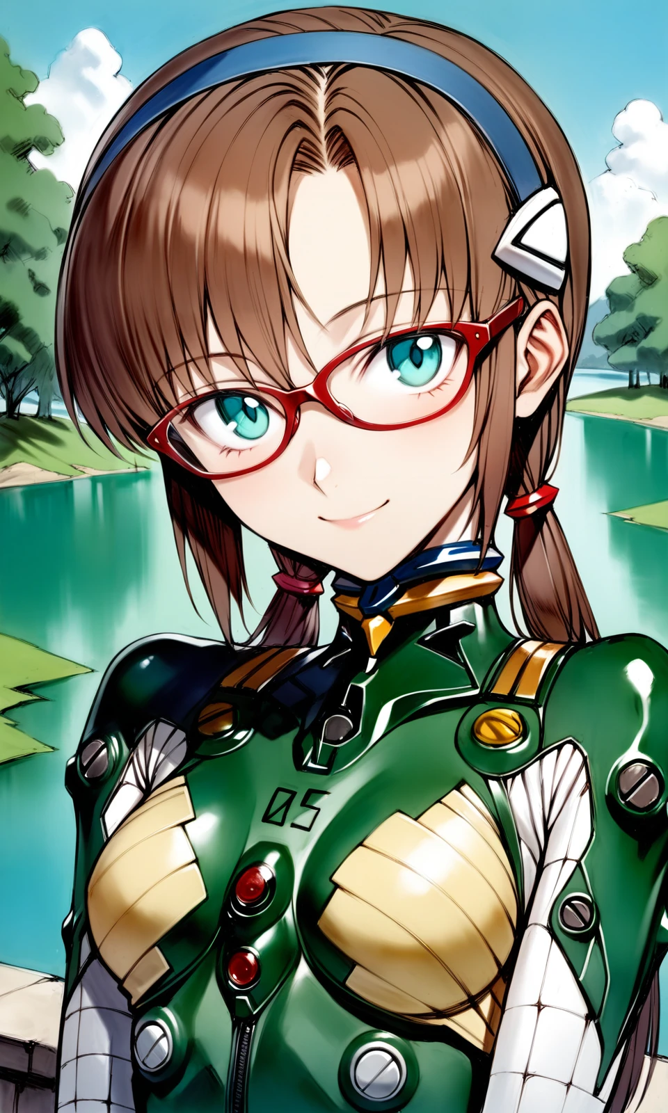 solo, 1girl, maritest, aqua eyes, hairband, brown hair, red-framed eyewear, plugsuit, bracer, quilted bodysuit, 05,
looking at viewer, light smile, 
outdoors, lake, portrait, 
masterpiece, absurdres, by nyatabe, by (mogudan:0.5), 
<lora:MariTestSuit_XL:1><lora:Nyatabe_XL:0.65> <lora:Fixhands_anime_bdsqlsz_V1:1>