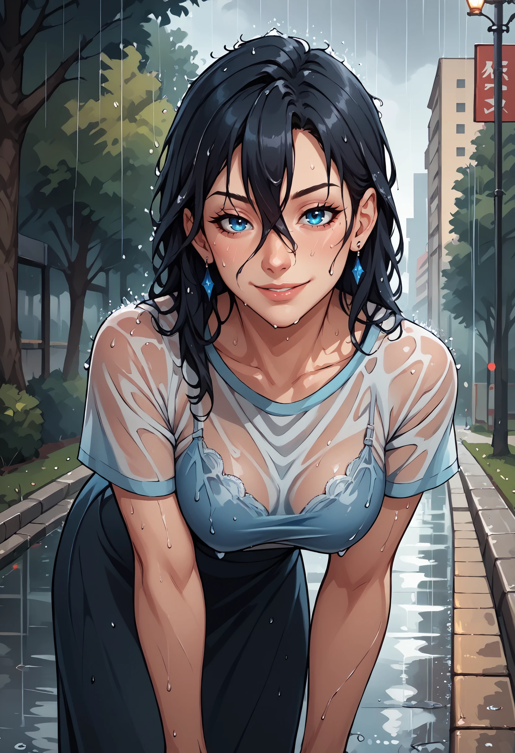 score_9, score_8_up, score_7_up, heavy-rain,rain,  park, day,cloudy, trees, cityscape, blurry background BREAK
mature female,black hair, 1girl, wet hair, wet clothes, seductive smile, blue shirt, skirt, bent over, blue eyes, close up, hair between eyes, pov, lingerie under shirt, see-through,earrings
<lora:Rain (pony) v1:1>