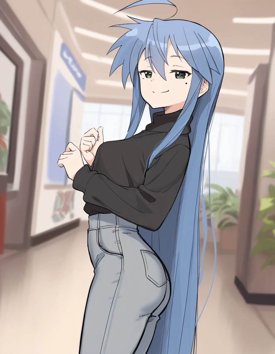 score_9, score_8_up, score_7_up,score_6_up,score_5_up,score_4_up, 1girl, (izumi konata:0.8), solo, long hair, blue hair, mole under eye, mole, green eyes, ahoge, pants, smile, looking at viewer, very long hair, black shirt, shirt, long sleeves, half-closed eyes, :3, bangs, grey pants, ass, closed mouth, from side, black sweater, denim, sweater, hair between eyes, breasts, jeans, cropped legs, aged up, shirt tucked in, standing, sidelocks, small breasts, cowboy shot, mall, 
<lora:zlixon_style_pony6_v3:1.1>, sketch
