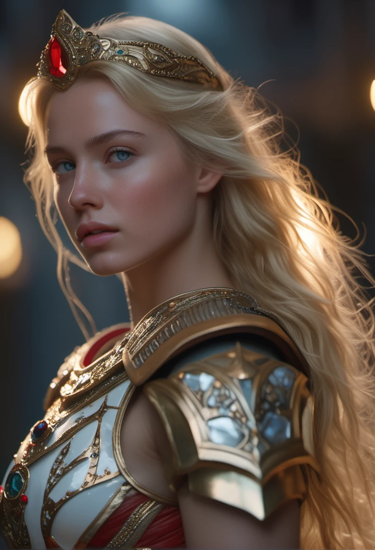 warrior, realistic, HD, 8k, dress white, 1980s, beauty face, armor gold, skirt red, ((realism)), extremely high quality RAW photograph, ultra detailed photograph, sharp focus, high resolution, (detailed skin:1,3),high quality, film grain, Fujifilm XT3,Highly Detailed, , (Cinematic Photo:1.3) of (Realistic:1.3),(Disgusting:1.3) Photorealism, (Magical Photo:1.3) of (Realistic:1.3), Crystalcore, Bejeweled, ethereal, hyperdetailed fantasy character, Dreamlike, Ethereal Fantasy, Realistic, Fiction, Full-HD, HD, 8K, Soft Lighting, Beautiful Lighting,Highly Detailed,Highly Detailed,(Photorealism:1.3), (1girl:0.999), (blonde_hair:0.790), (eyelashes:0.609), (face:0.631)