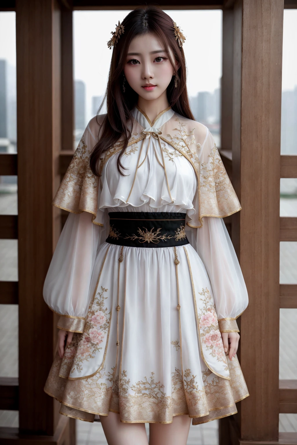 ((best quality)), absurdres, ((ultra high res)), 1girl, perfect face, beautiful face, dress, short hanfu, cowboy shot, <lora:hanfuu:0.7>