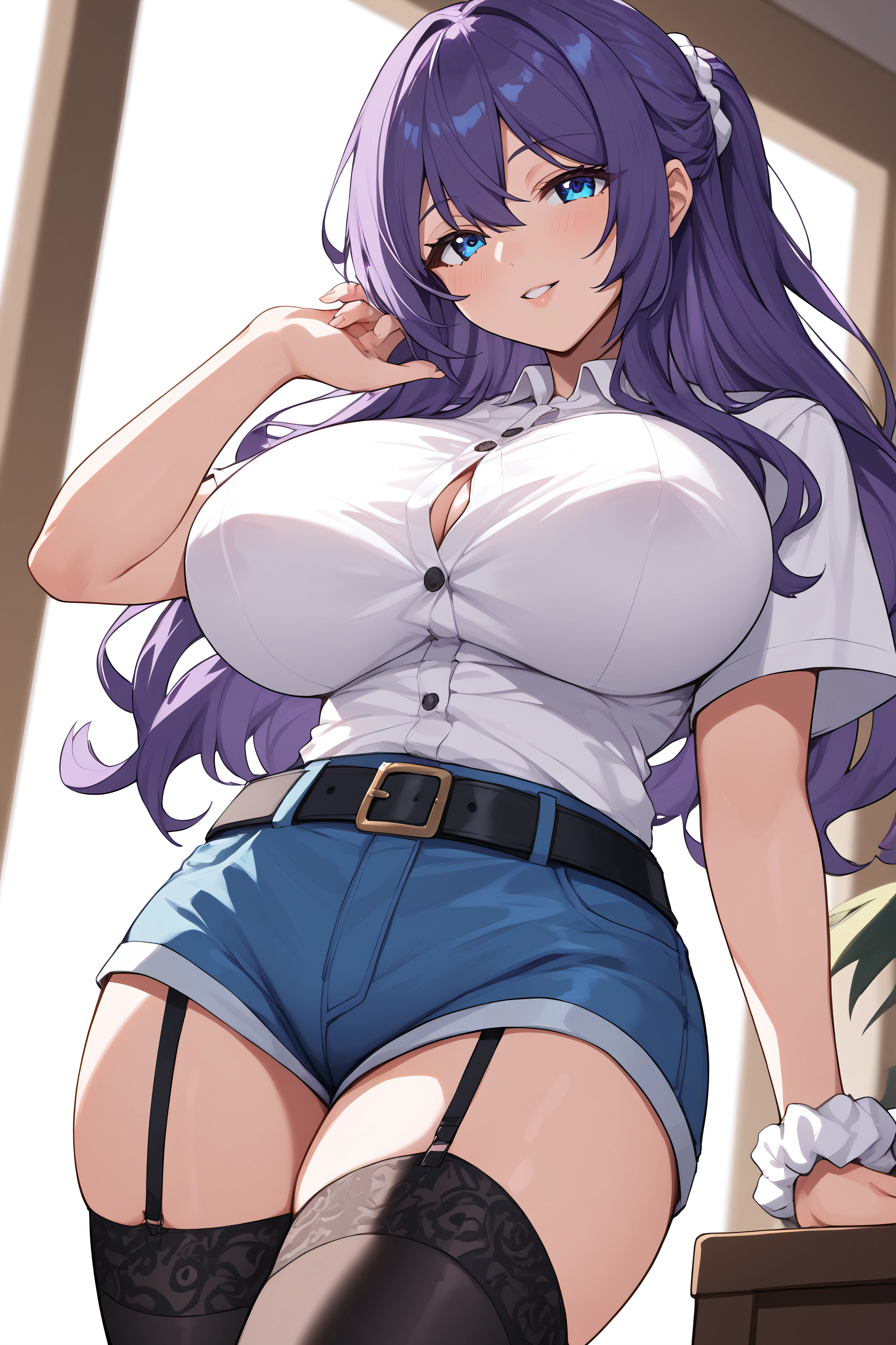 score_9, score_8_up, score_7_up, BREAK source_anime, <lora:rei suzukawa-PonyXL-lora-Faxtron:0.8> rei suzukawa, blue eyes, purple hair, long hair, white scrunchie, large breasts, white shirt, blue shorts, belt, black thighhighs, garter straps,