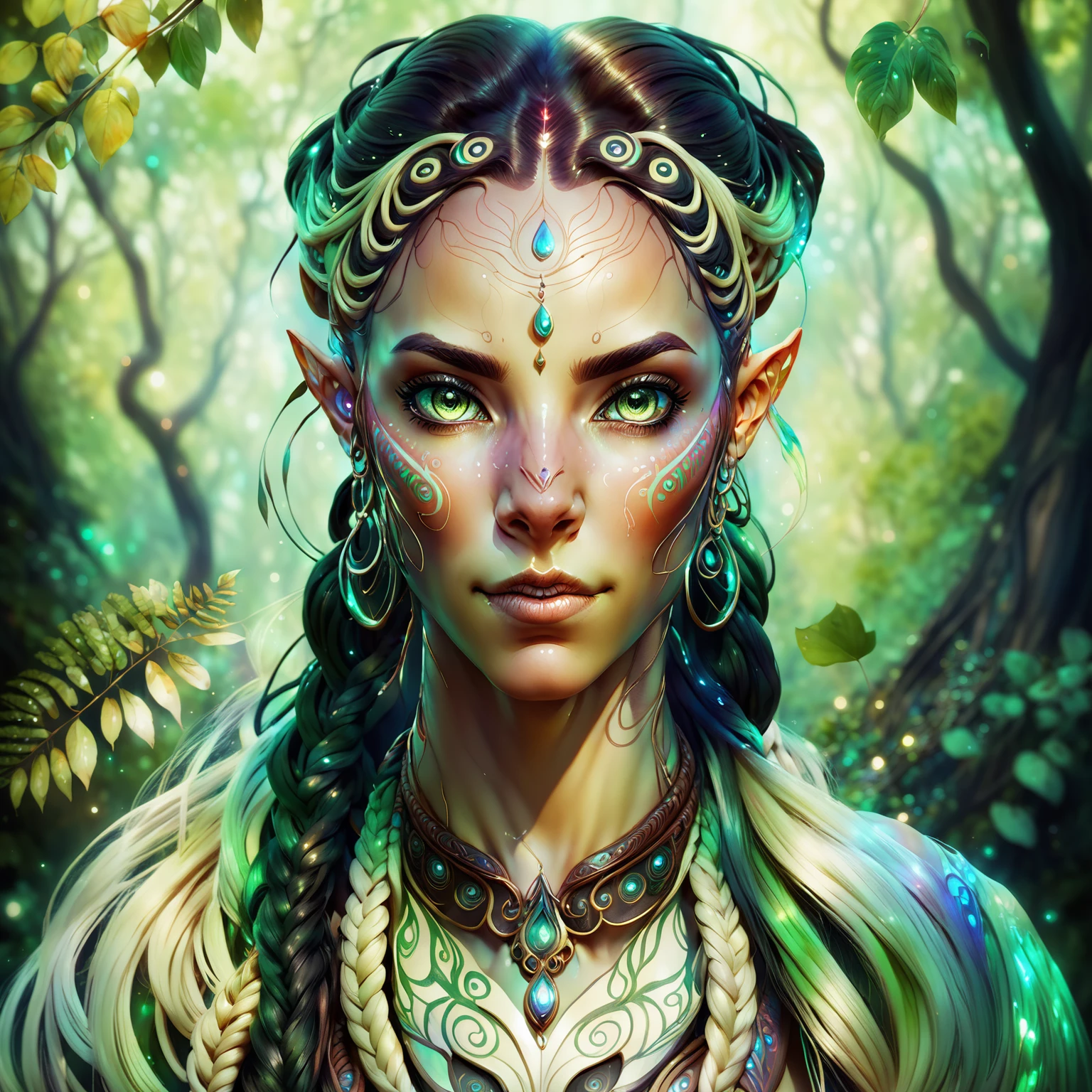 <lora:aiai-DiscoFaces-XL1-v1-captions:0.75> aiai-DiscoFaces style elven pathfinder standing inside a lush forest, braids, tribal facial markings, deep green eyes, internal illumination, soft art by anna dittmann, watercolor style, high quality, 8K Ultra HD, masterpiece, best quality