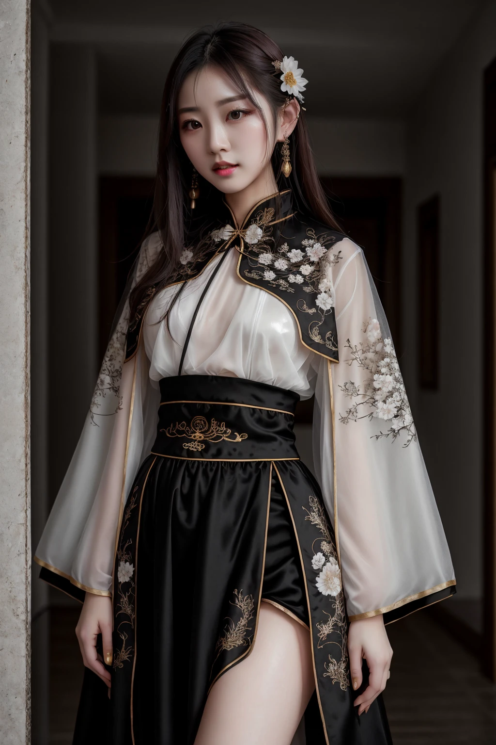 ((best quality)), absurdres, ((ultra high res)), 1girl, perfect face, beautiful face, chinese clothes, black_white dress, short hanfu, cowboy shot, indoors, <lora:hanfuu:0.7>