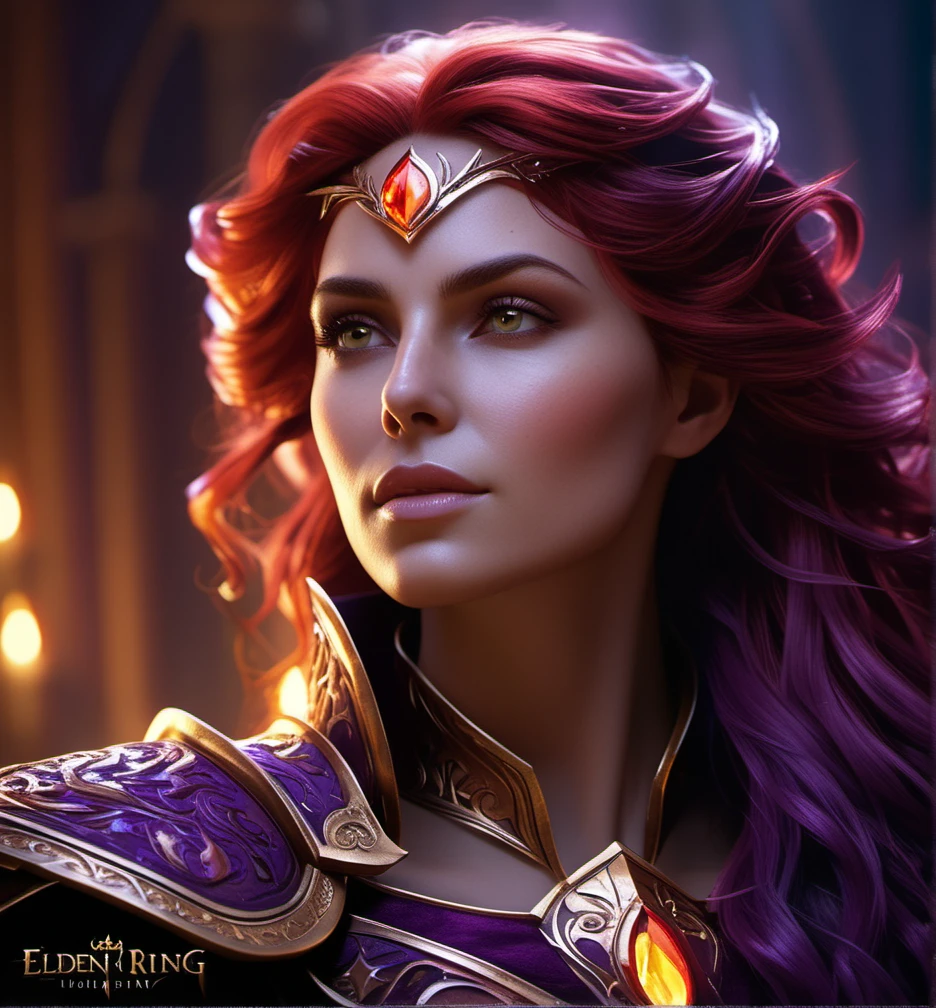 a woman princess of ice, volumetric lighting, highly detailed, style 3/4, Photorealism, Bokeh blur, High detail close-up head, facing camera, realistic digital painting, portrait of a gothic female blood elf, (curly hair:1.1), (purple, hair:1.3), magical dark and red universe, magic cloth armor, with red and yellow engrave in intricate details, (abstract, background:1.2), (light particle:1.1), (very detailed skin:1.2), (game concept:1.3), (elden ring style:1.3), (arcane style:0.8), (depth of field:1.3), global illumination, art by hoang lap and, fuji hoko and artgerm and greg rutkowski and viktoria, gavrilenk, Cinematic photography,  mood, cinematic light, compelling composition, storytelling elements, conveys emotion, mood, and narrative depth, creating visually striking images that feel like still frames from a film
