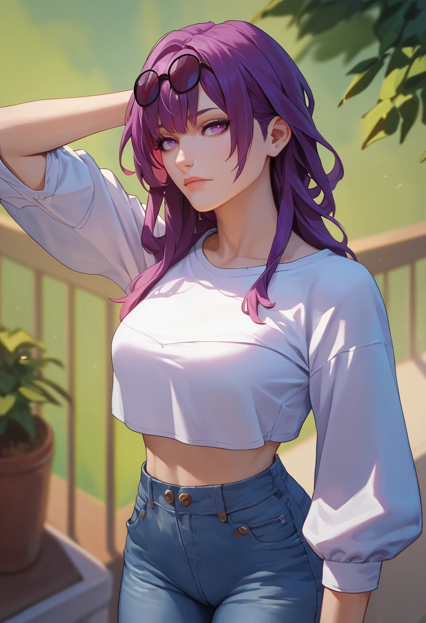 score_9, score_8_up, score_7_up, 1girl,kafker, purple hair, purple eyes, glasses on head, crop top, jeans,   <lora:Kafka777-000008:1>