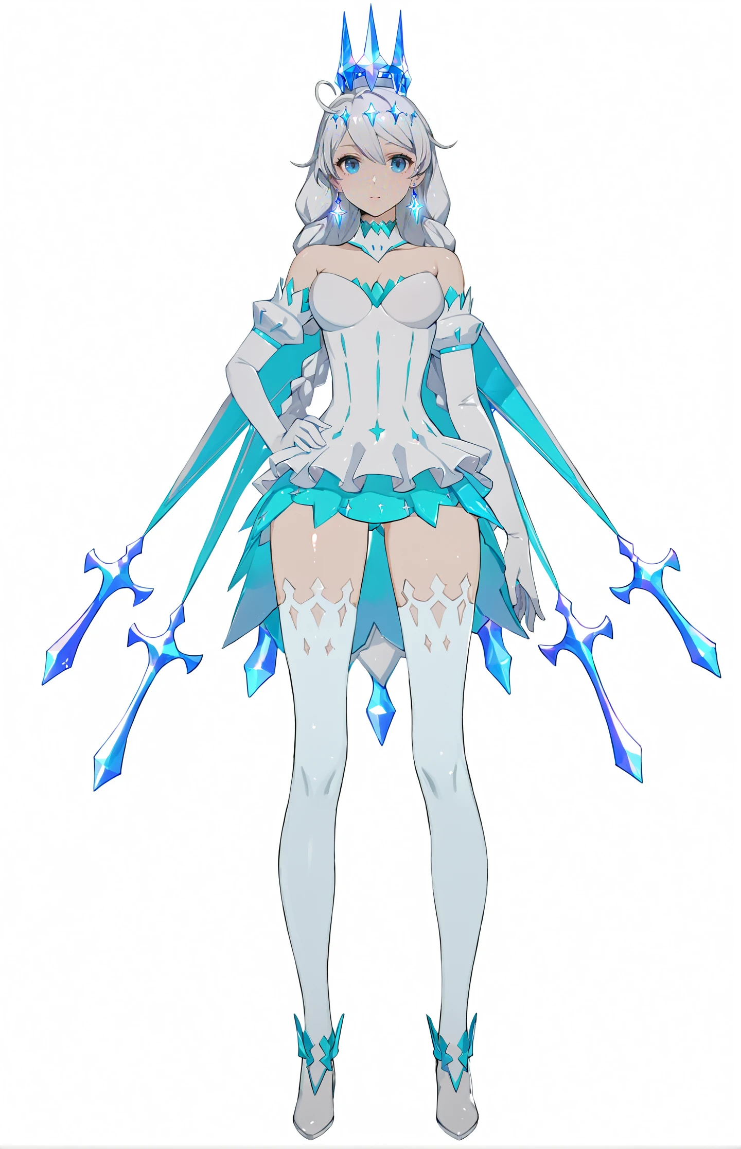 8k, best quality, masterpiece, (ultra-detailed:1.1), (high detailed skin),
(full body), white background, standing, looking at viewer, (solo), hand on hip,
<lora:kiana-young-A3-Tanger-000011:0.7>, kiana kaslana, dongzhi, 5th clothes, 1girl, blue eyes, gloves, white thighhighs, dress, long hair, elbow gloves, white hair, crystal crown, bare shoulders, bangs
(beautiful_face), ((intricate_detail)), clear face,
((finely_detailed)), fine_fabric_emphasis,
((glossy)), full_shot,