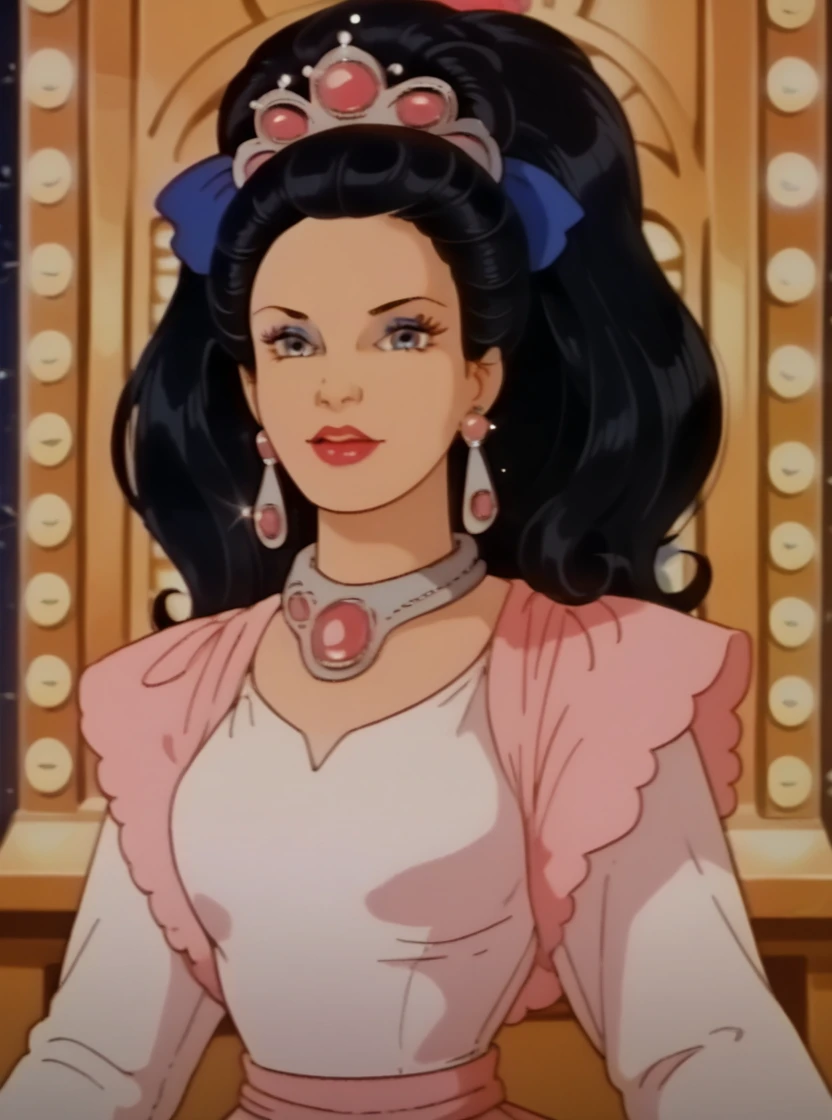 score_9, score_8_up, score_8, hud_barbir0ck, retro artstyle,  <lora:barbirock-000009:1>, 1girl, solo, long black hair, dress, tiara, blue eyes, jewelry, earrings, makeup, lipstick