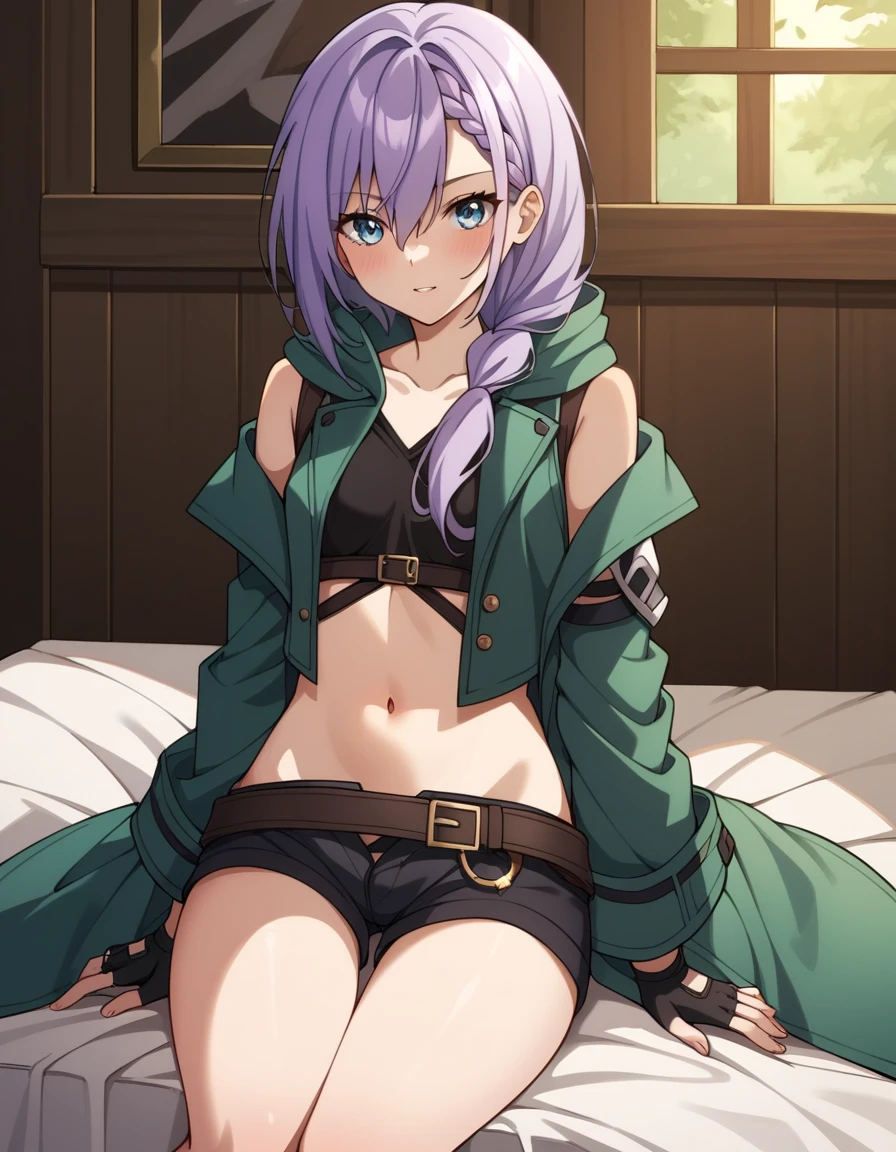 score_9, score_8_up, score_7_up, source_anime, uncensored, <lora:StS_detail_slider_v1:3>, zPDXLxxx, <lora:Luna_PONYXL_VexVexX:1>, Luna, blue eyes, purple hair, long hair, braid, hair over shoulder, hair between eyes, bangs, small breasts, coat, green coat, hooded coat, shoulder cutout, long sleeves, shorts, short shorts, black shorts, midriff, belt, fingerless gloves, black gloves, cowboy shot, bedroom, from back, Sitting on the ground with legs folded underneath, resting back on elbows with legs slightly apart and hands supporting the body, thighs, looking at viewer