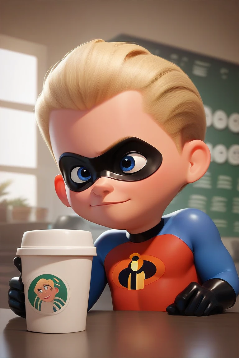 score_9, score_8_up, score_7_up,score_6_up,young, kid, dash_parr, dash parr, from The Incredibles, male focus, 1boy, blonde hair, blue eyes, mask, domino mask, blue eyes,  , gloves,red bodysuit,, coffee shop<lora:EMS-402271-EMS:1.000000>