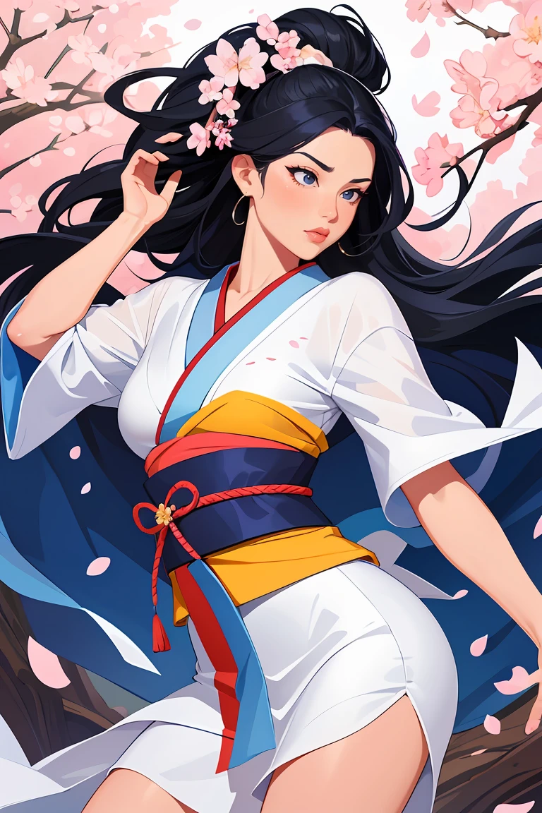 flat vector art,vector illustration, high quality,beautiful face by j Scott Campbell,woman,samurai,flowers in hair,kimono,normal breasts,(white face),black hair,perfect lips,dynamic pose,masterpiece,cowboy shot,highly detailed,highres,by Joe Madureira,artistic background,cherry blossoms,painting japanese mountain,by greg rutkowski,,<lora:GoodHands-beta2:0.8>