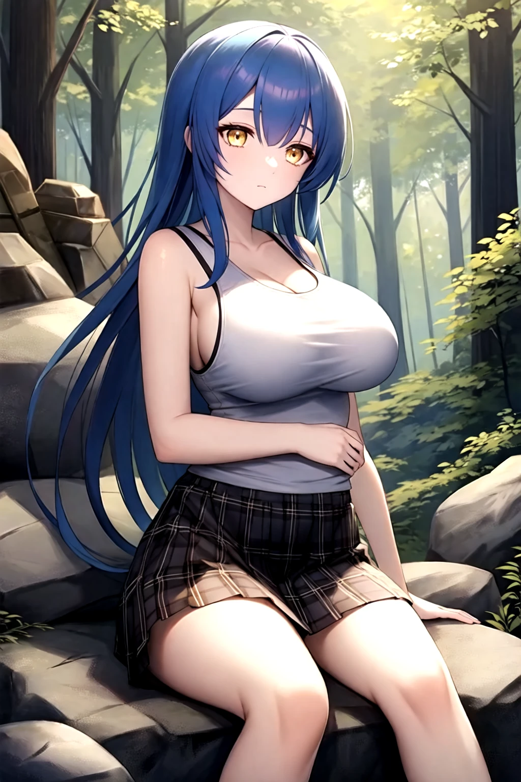 <lora:forest:0.6>, forest, long hair, blue hair, sitting, rock, large breasts, tank, top, plaid skirt, emotionless, yellow eyes