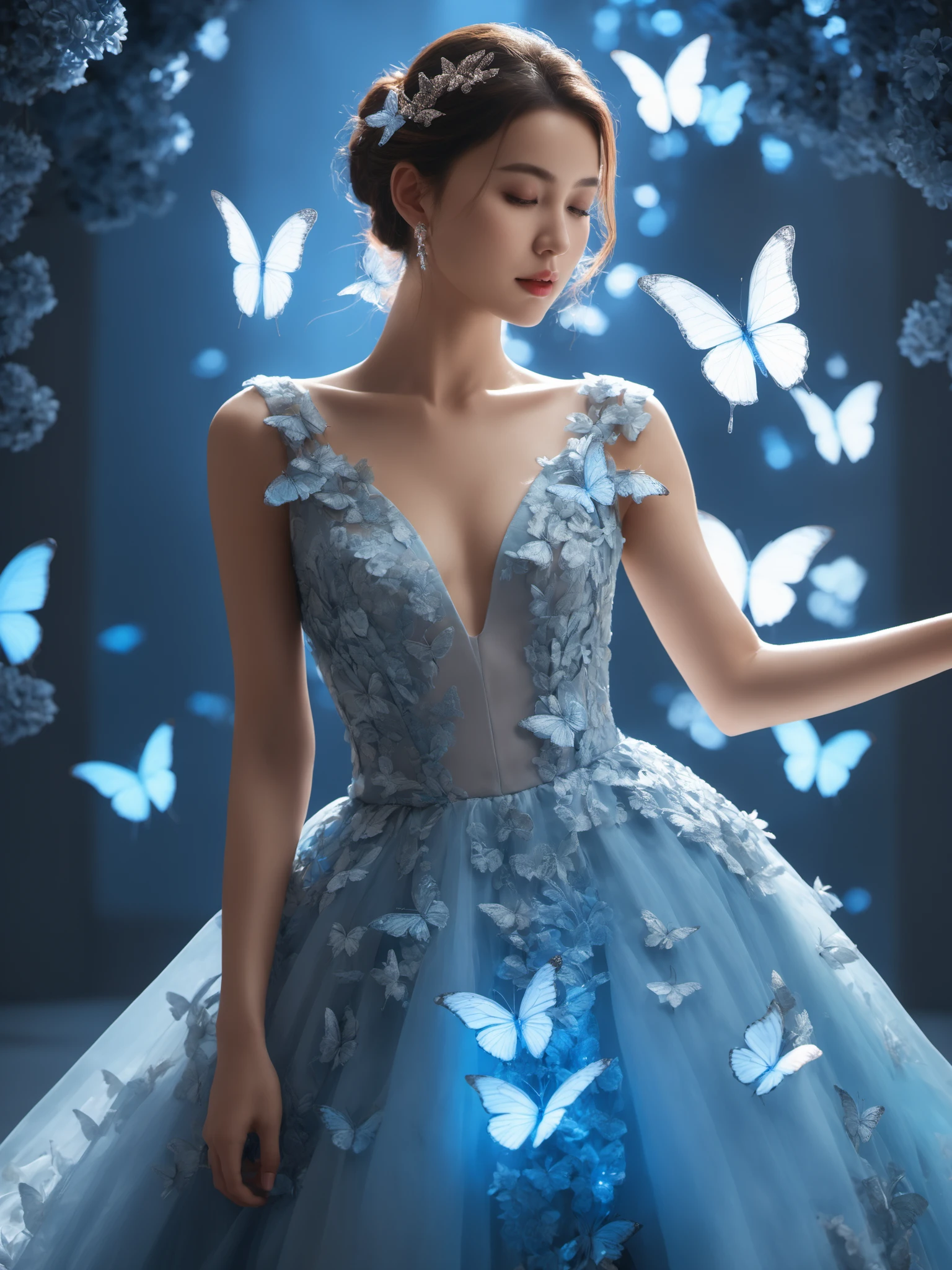 A girl wearing ,glowing butterflies gown dress,fantacy, ,cinematic, photography, hyper detailed, trending on artstation, sharp focus, studio photo, intricate details, highly detailed,detailed face, detailed, (ultra hd,) ,photo real,, (best quality:1.3)