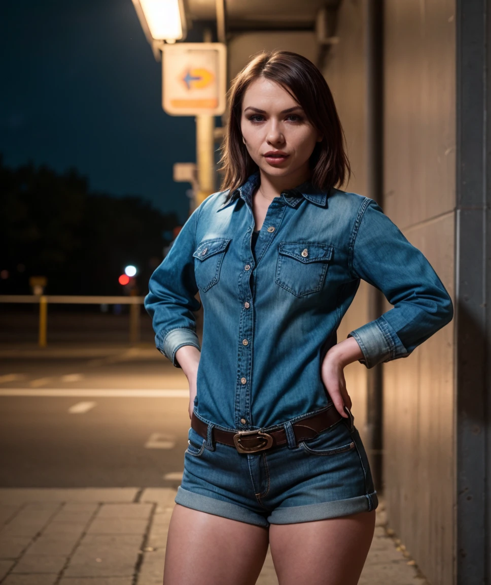 cinematic photo  , award winning photo,   <lora:quiron_KatjaKassin_v4330_Lora:0.87> katjaKassinQuiron, solo, realistic, lips, looking at viewer, collared shirt, denim shorts, Ankle Bracelets , hand on hip, , ,  (night street) , scenery,  impossible clothes, action scene, highly detailed background, keyvisual,  Dappled Light,  sidelighting, best shadow, RAW, (Dutch angle),  ,  (sultry flirty look),    elegant, highly detailed, intricate, sharp focus, depth of field, f/1. 8, 85mm, medium shot, mid shot, (centered image composition), (professionally color graded), (bright soft diffused light), volumetric fog, trending on instagram, trending on tumblr, hdr 4k,  . 35mm photograph, film, bokeh, professional, 4k, highly detailed