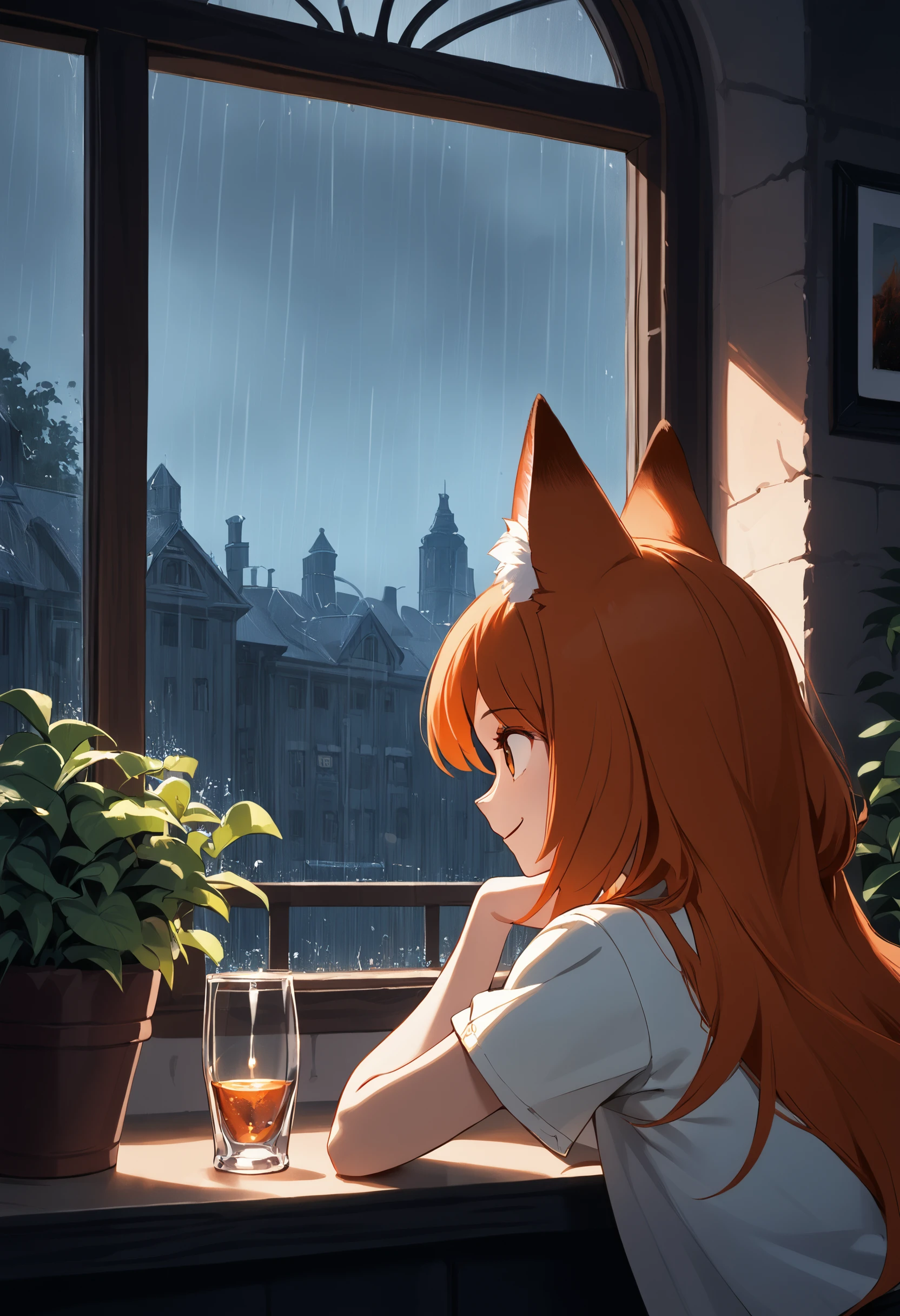 score_9, score_8_up, score_7_up,soft shadows,rating_safe, dark,night,cloudy, rain, heavy-rain BREAK
1girl, fox girl, orange hair, arm rest, bent over, upper body, far shot, leaning against window, character inside building, smile, glass window, plant, looking towards window, from behind
<lora:Pony_DetailV2.0:1.0>  <lora:Rain (pony) v1:1>