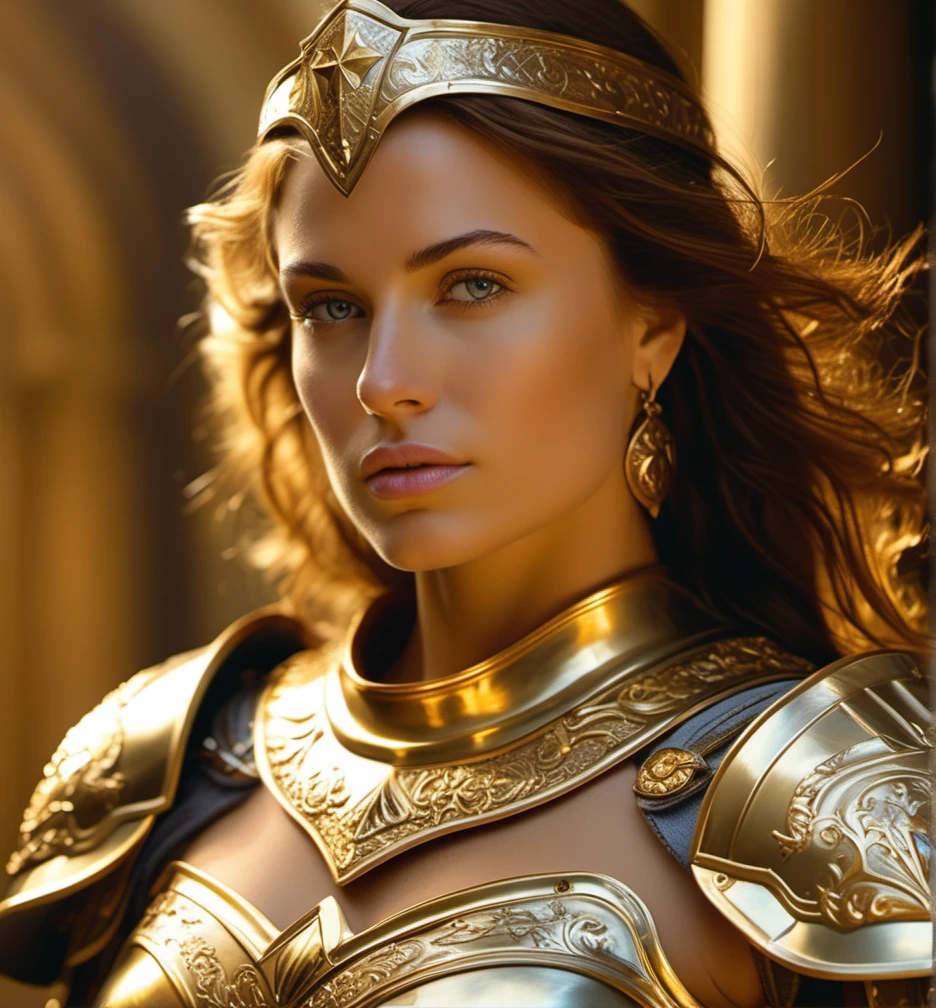 angel warrior in armor gold in ornaments, realistic, photo, elegant, Kodak, portra 400, 8k, soft light, volumetric lighting, highly detailed, style 3/4, portrait photo close-up portrait photography of a beautiful woman, by Alan Lee, Aleksi Briclot, Daniel Gerhartz, Alex Horley-Orlandelli, Alex Ross