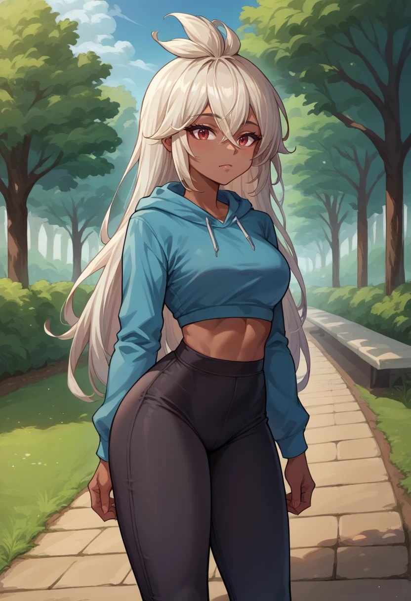 1girl, dark skin, black skin, dark-skinned female, white hair, long hair, large breasts, wide hips, thick thighs, shirt, sportswear, shy, sports bra, hourglass figure, mature female, skin tight, tight clothes