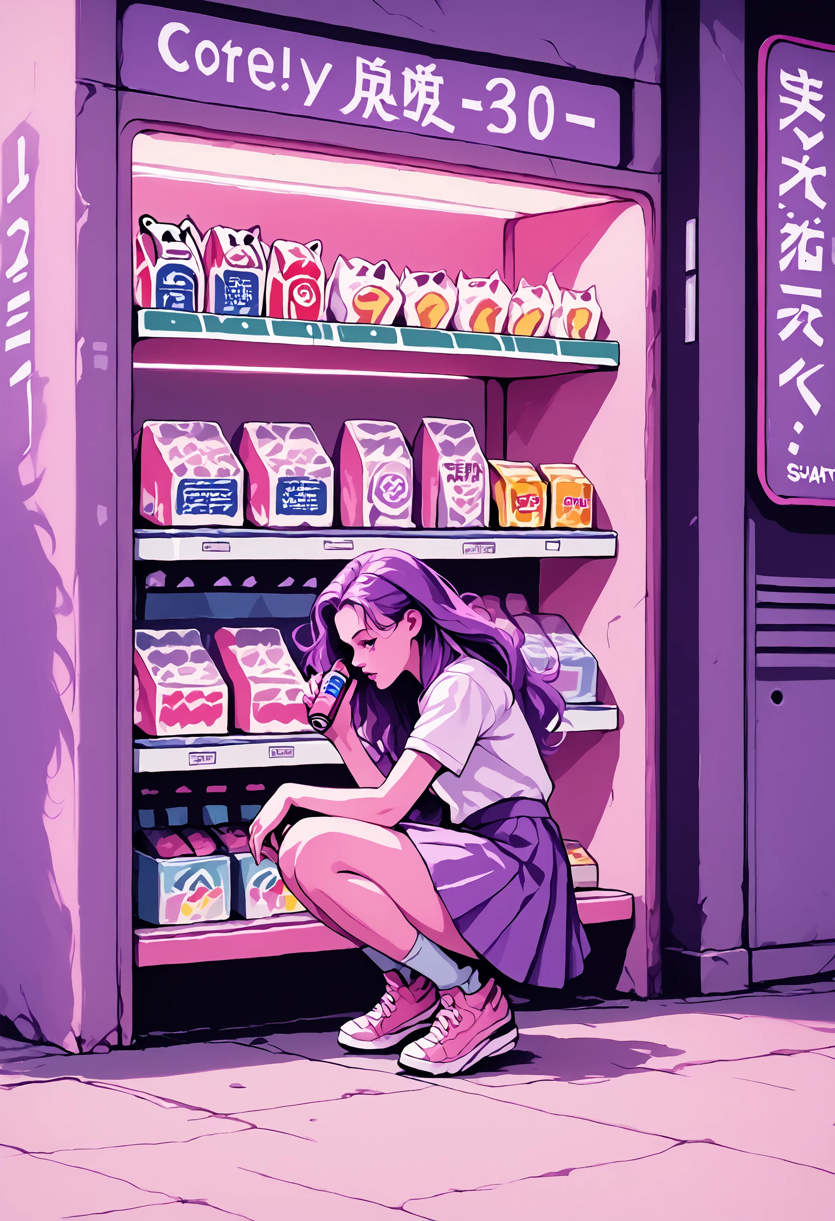 lfixri , lo-fi, soft colors, 1girl, vending machine, cat, wide shot, solo, squatting, short sleeves, skirt, building, shop, shoes, pink theme, shirt, long hair, shadow, purple theme, convenience store, gradient overlay, lo-fidelity, chromatic abberation, BREAK PonyXLV6_Scores , <lora:LoFiRemix-PDXL:0.8>