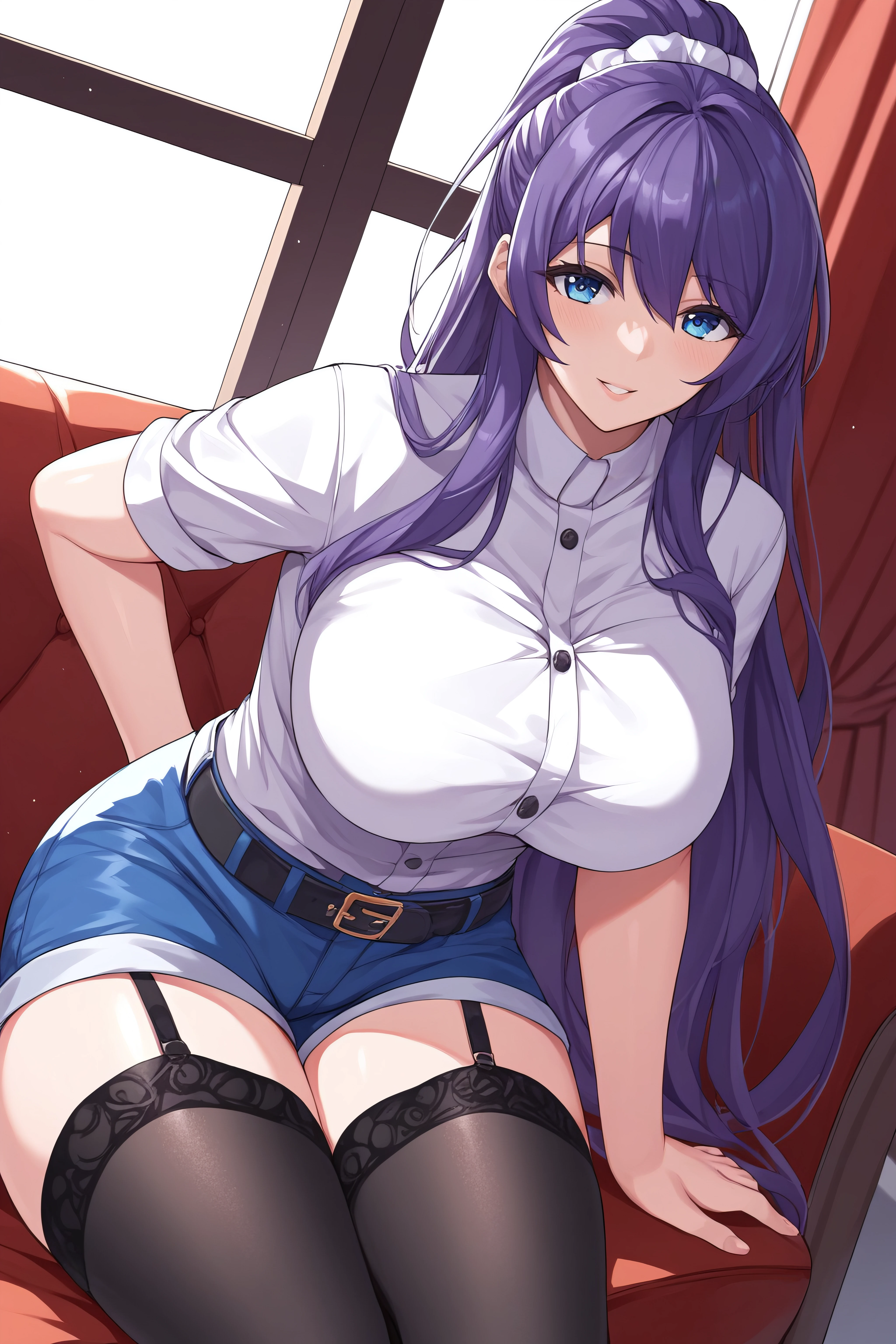 score_9, score_8_up, score_7_up, BREAK source_anime, <lora:rei suzukawa-PonyXL-lora-Faxtron:0.8> rei suzukawa, blue eyes, purple hair, long hair, white scrunchie, large breasts, white shirt, blue shorts, belt, black thighhighs, garter straps,