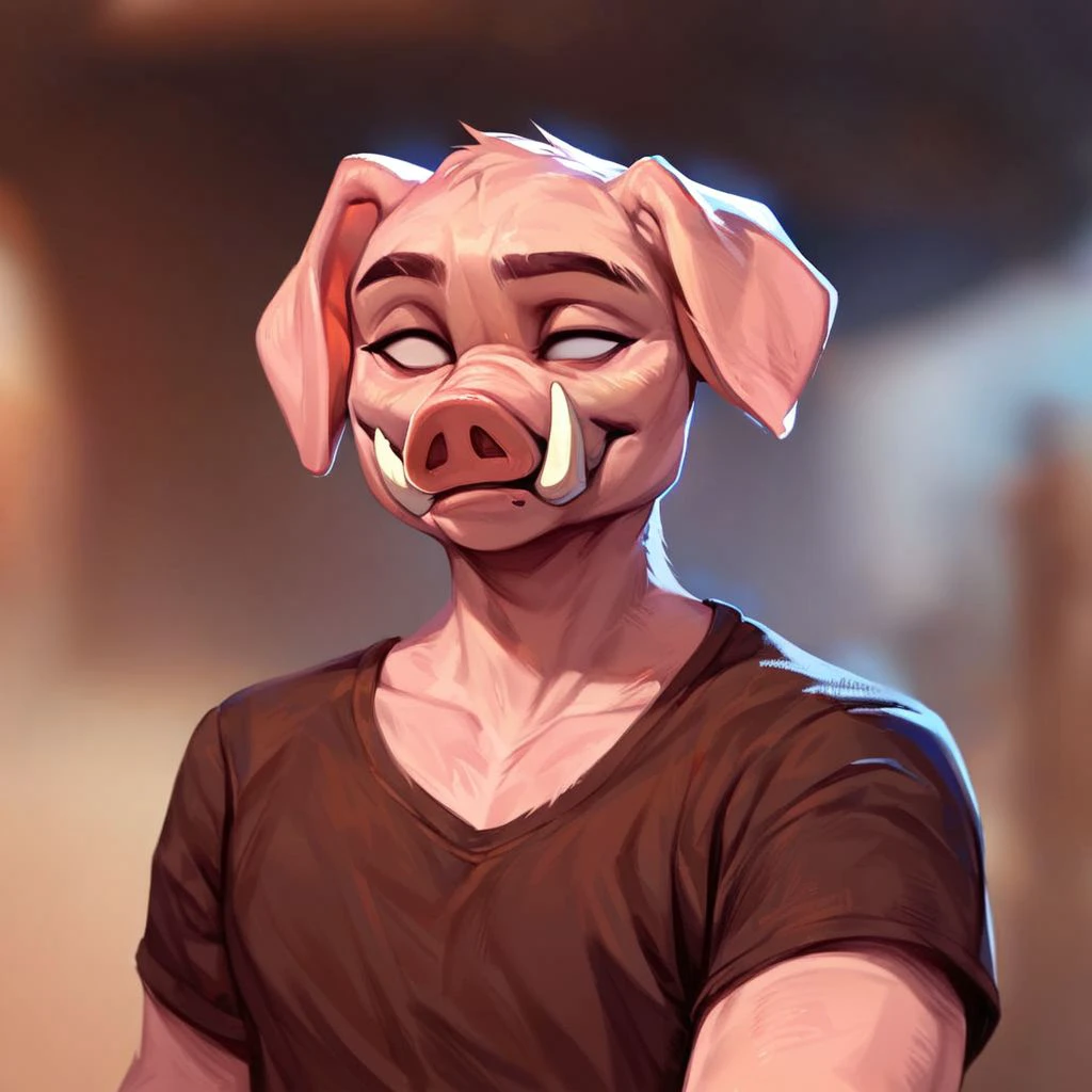 (((beautiful, high quality))), upper Body, score_9, score_8_up, score_7_up, 
Pidgin, furry pig, fangs, empty eyes, 1boy, male focus, brown T-shirt, 
looking at the viewer, posing, blurred background,