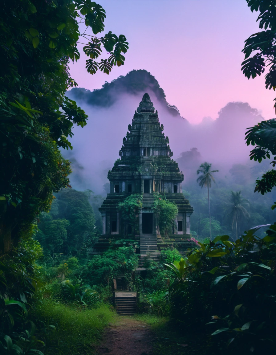 a jungle temple, dreamy analog style