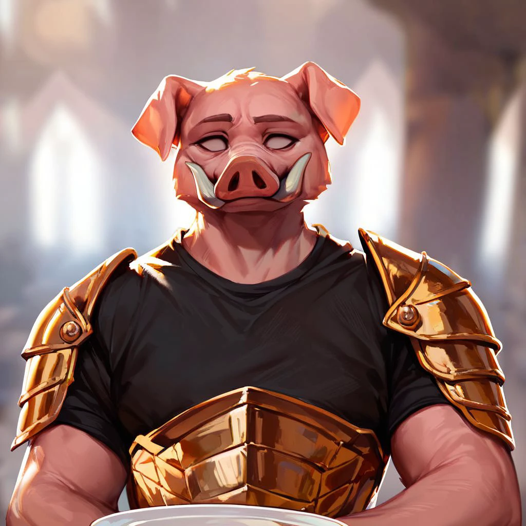 (((beautiful, high quality))), upper Body, score_9, score_8_up, score_7_up, 
Pidgin, furry pig, fangs, empty eyes, 1boy, male focus, muscular, black T-shirt, gold armor plate, 
looking at the viewer, posing, blurred background,