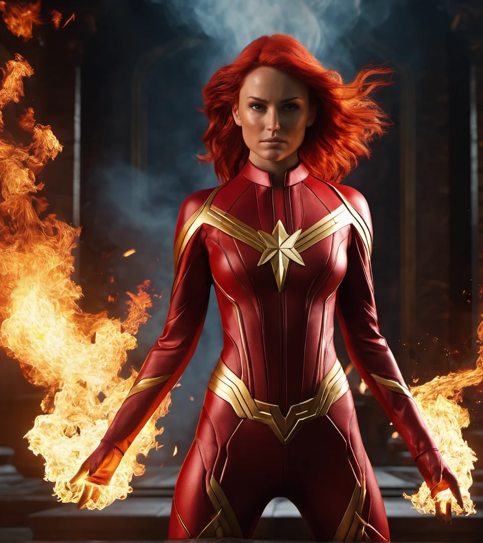 masterpiece, top quality,phoenix dark is x-men, beautiful and aesthetic:1.2, (1girl:1.3), (full body:1.5),red suitbody ,looking at viewer,fire hair, extreme detailed,(fire hands:1.5),fire,smoke,goddess, detailed, detail fingers, detail face, masterpiece,ultra realistic,32k,extremely detailed CG unity 8k wallpaper, best quality