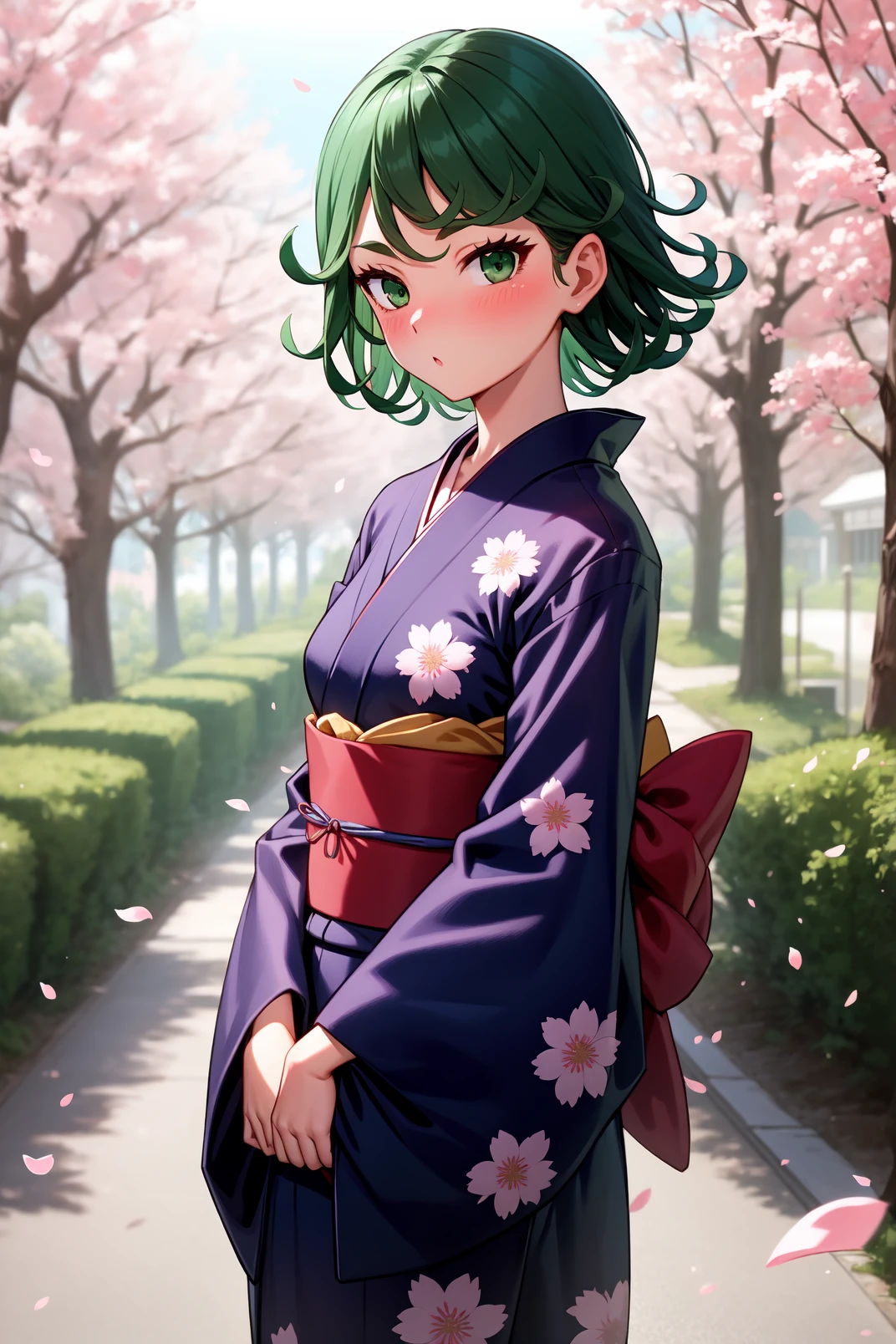 solo, masterpiece, best quality, outdoors, street, cherry blossom, cowboy shot, standing, looking at viewer, :o, closed mouth, blush, tatsumaki, green eyes, green hair, short hair, yukata, japanese clothes, wide sleeves, obi, sash, floral print