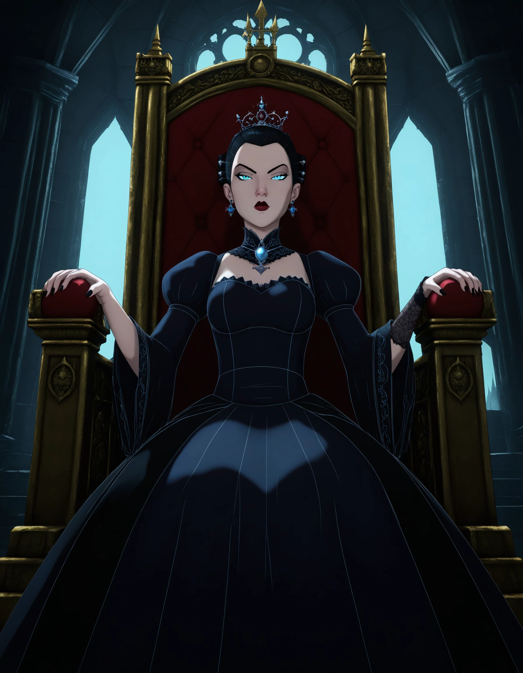 A regal vampire queen with piercing eyes and a flowing, dark dress, sitting on a throne in a gothic castle, Blue Eye Samurai Style